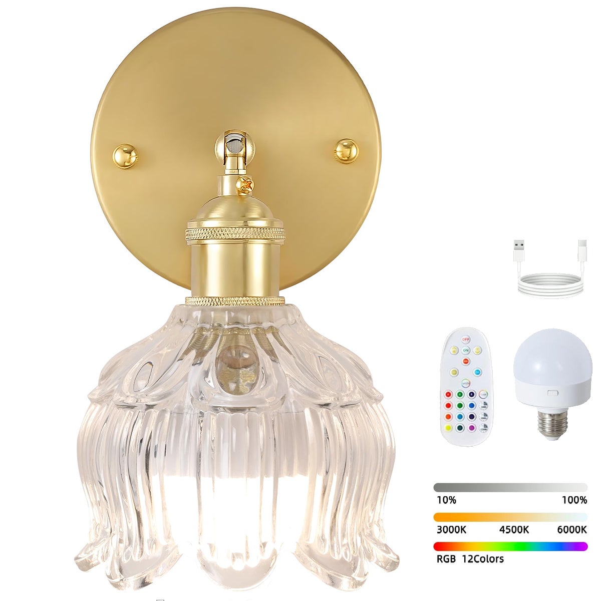 Bezprzewodowa lampa ścienna LED z pilotem, ładowalna lampka nocna, ściemnialna, zmiana kolorów RGB, 3000K-6000K, z żarówką