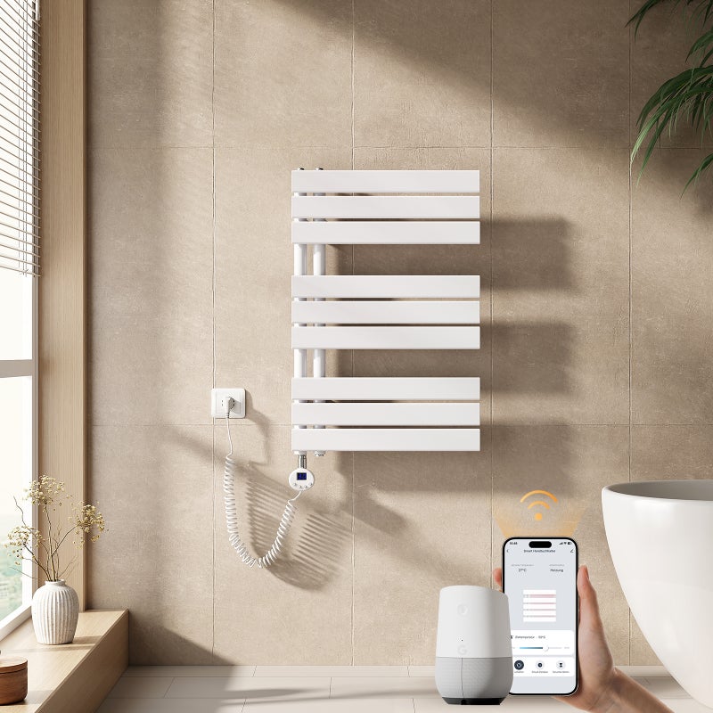 EMKE Grzejnik elektryczny łazienkowy 76x50cm - Inteligentne Sterowanie z Programatorem Tygodniowym w Aplikacji - 400W - Biały