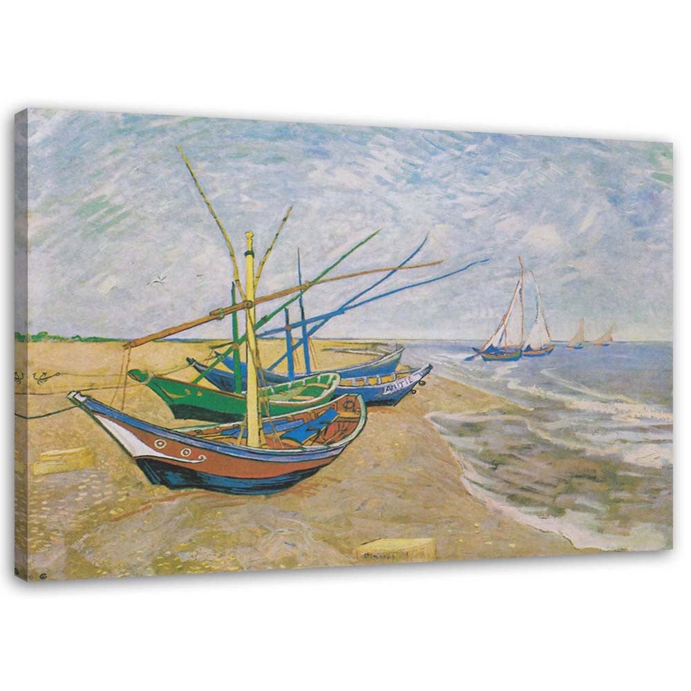Obraz na płótnie, Łodzie rybackie na plaży w Saintes-Maries-de-la-Mer - V. van Gogh reprodukcja 120x80