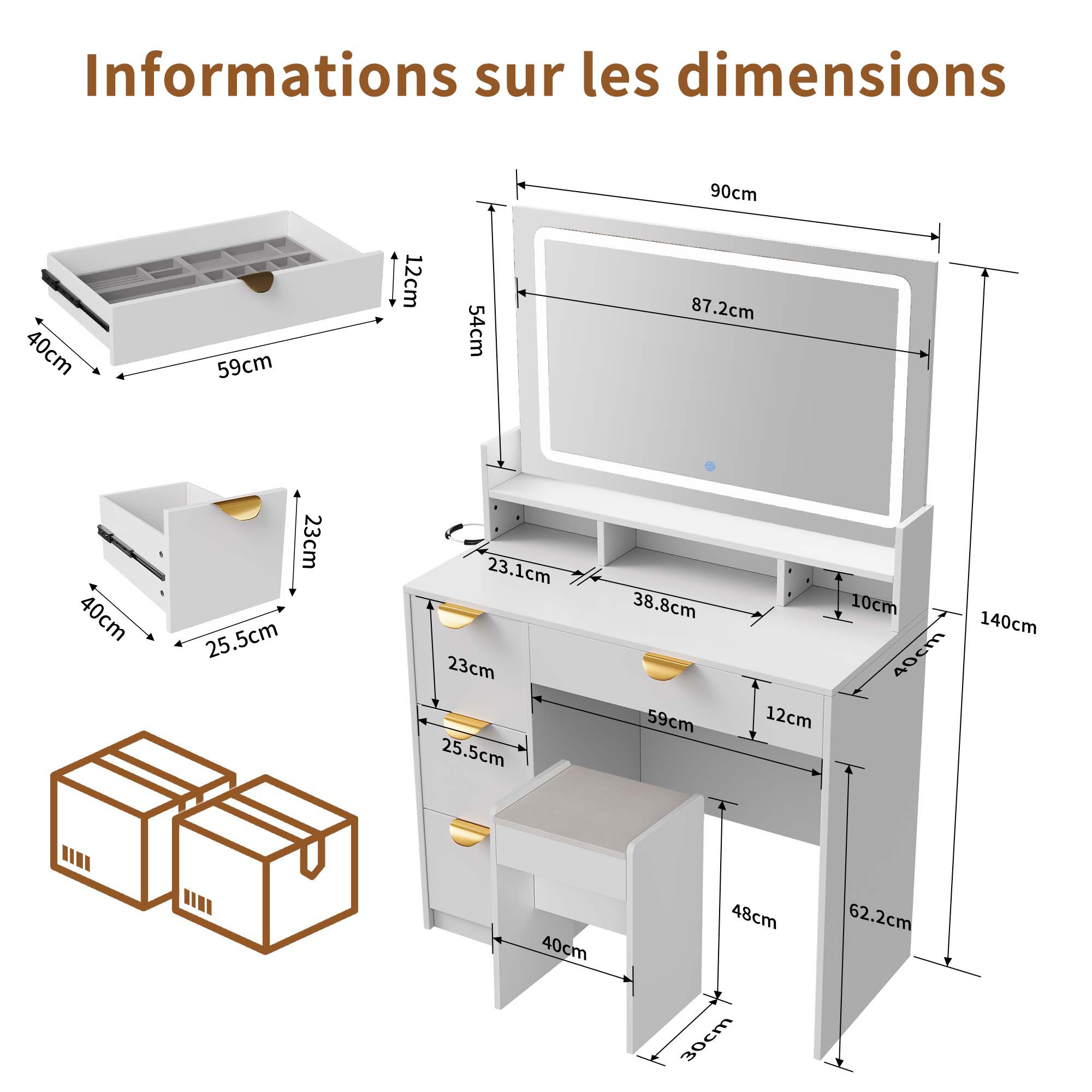 Coiffeuse blanche, miroir LED tactile tricolore, 4 tiroirs, prise électrique intégrée, 1 tabouret, support pour sèche-cheveux - 40x90x140 cm - 6