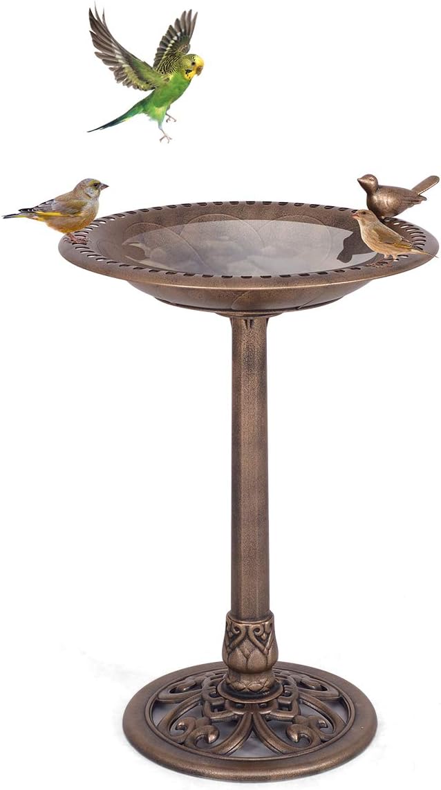 Comedero de pie para atraer más pájaros, bebedero para pájaros con bandeja de 50 cm de diámetro y 76 cm de altura, diseño antiguo (bronce)