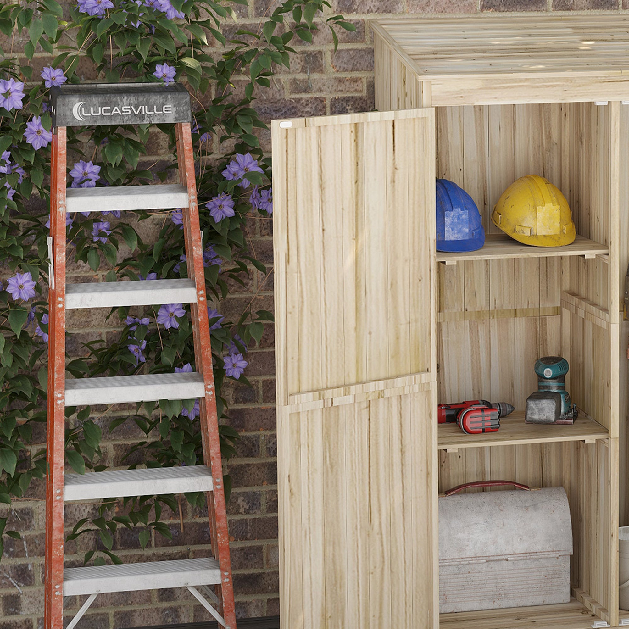 Outsunny Casetta da Giardino in Legno di Abete con 2 Porte e Ripiani, 120x57x183cm, Naturale - 7