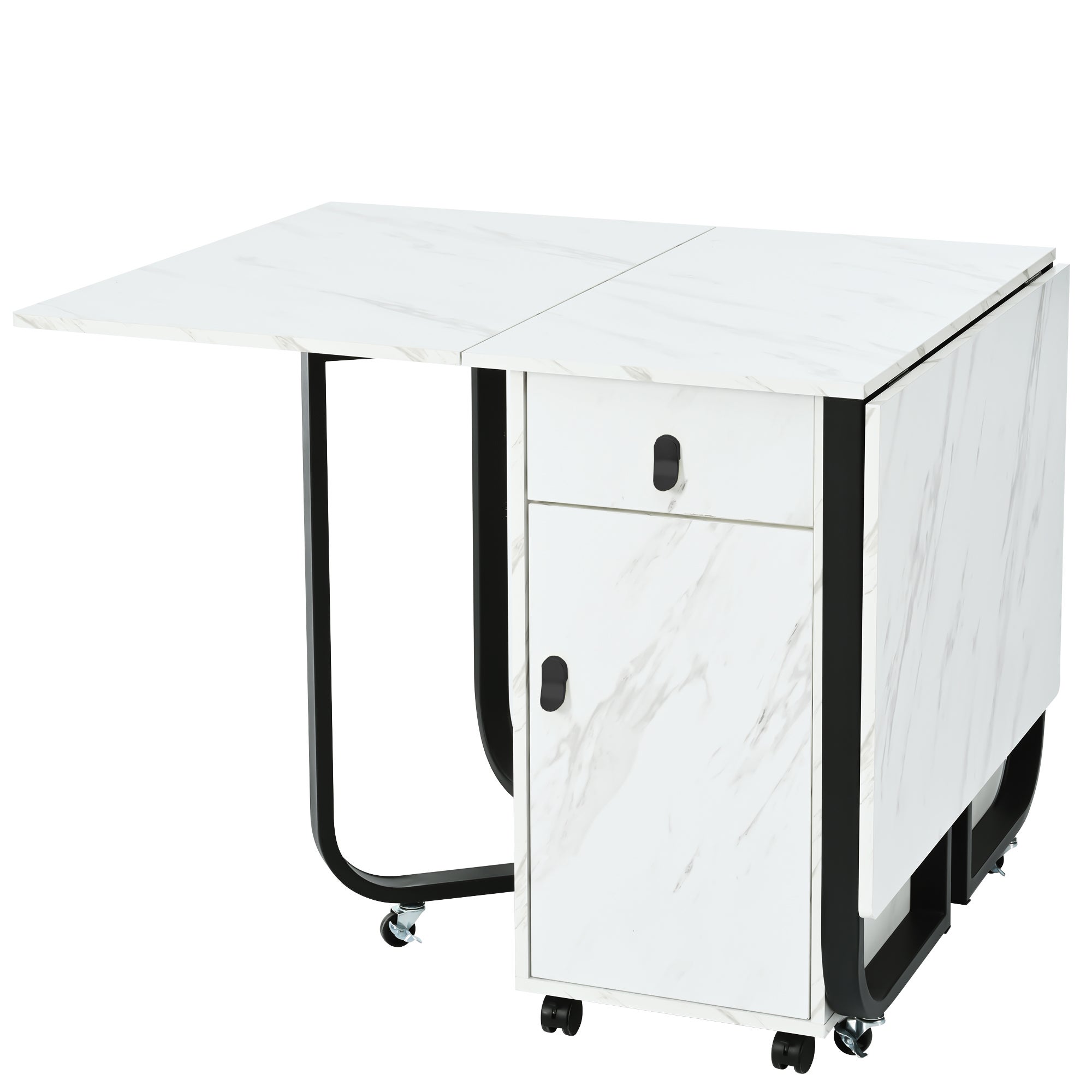 Table de salle à manger rabattable 150x80x76 cm avec 2 tiroirs, armoire, rangements, en MDF, couleur blanche et noire - 7