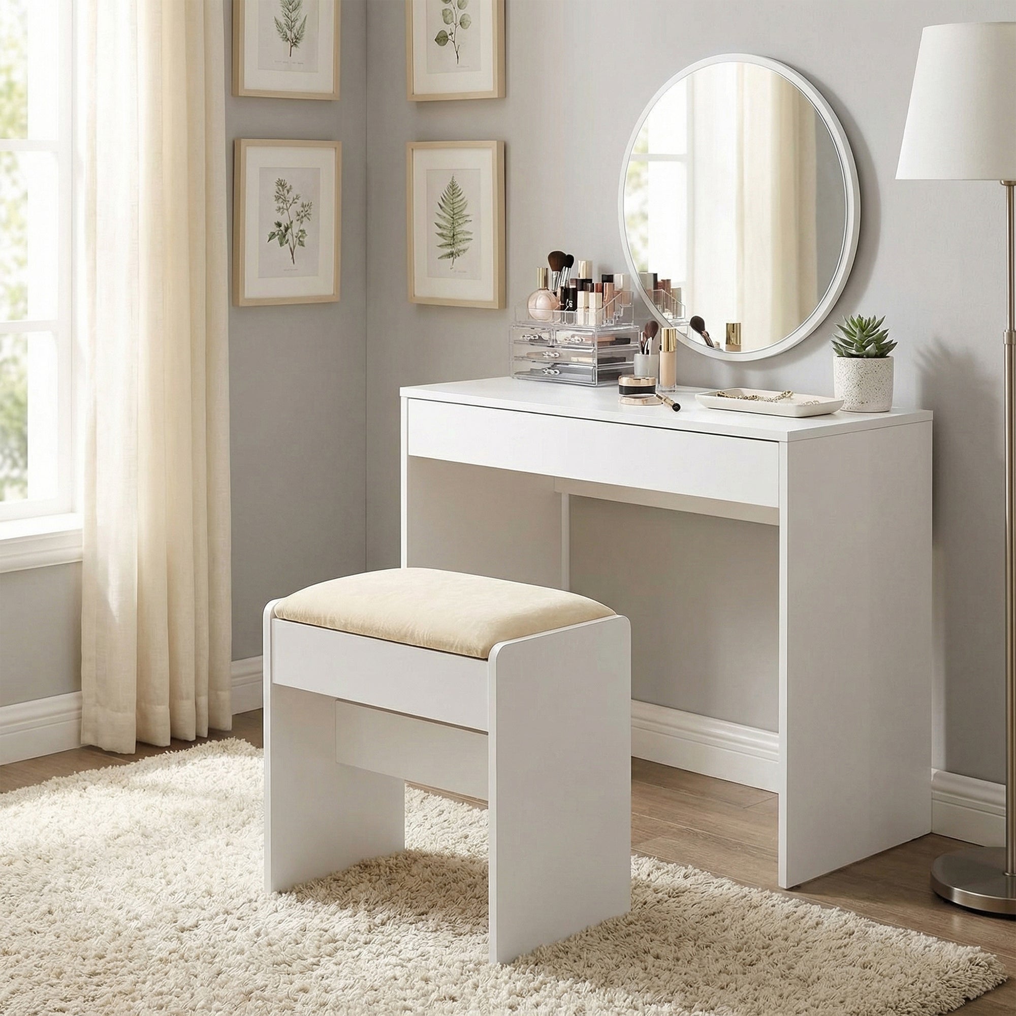 Tabouret de Maquillage en Velours, Rembourré, Style Moderne, pour Chambre, Entrée, Repose-pieds, Blanc et Crème - 2