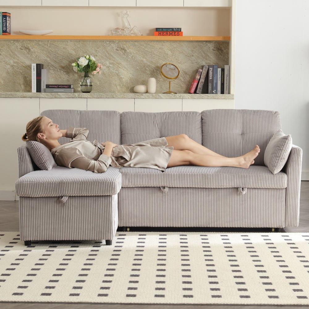 Narożna sofa modułowa z funkcją spania, w kształcie litery L, z miejscem do przechowywania, wysuwane łóżko