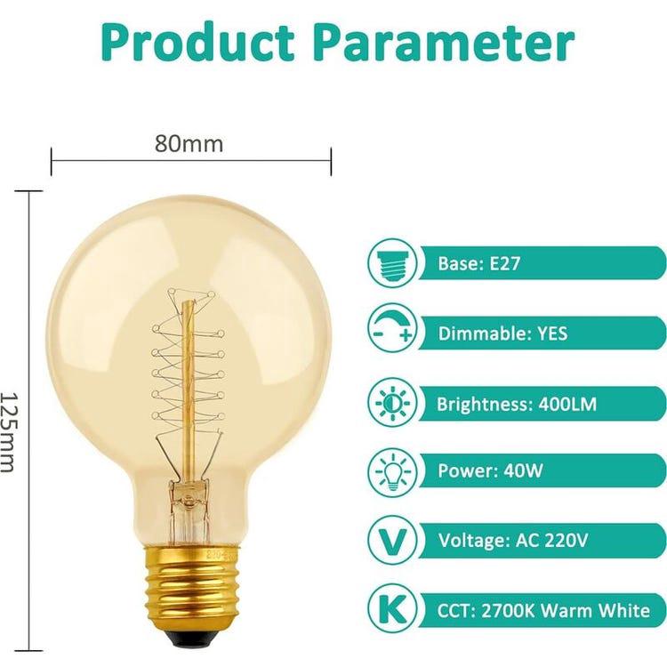 Lot de 2 Vintage G80 E27, 40W Blanc Chaud 2700K, AC 220V, Ampoules de Décoration à Incandescence Rétro E27 Spirale Tungstène Filament Lampe - 2