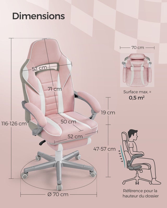 Fauteuil de Bureau, Réglable, Repose-pieds Télescopique, Mécanisme à Bascule, Appui-tête, Rose Bonbon et Blanc Crème - 5