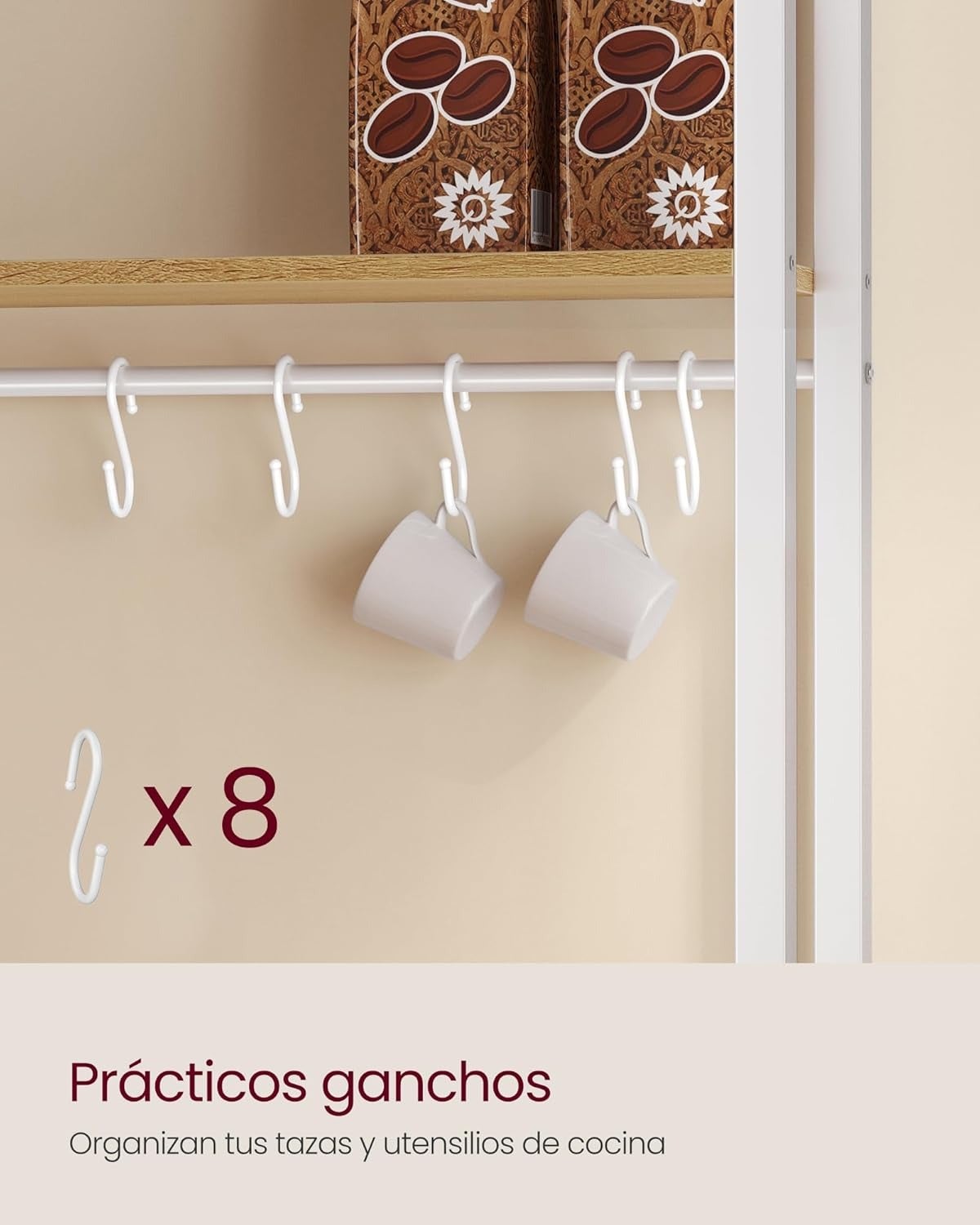 Mueble auxiliar de cocina con enchufes, estantería para microondas con ganchos, estilo industrial, color roble y blanco - 6