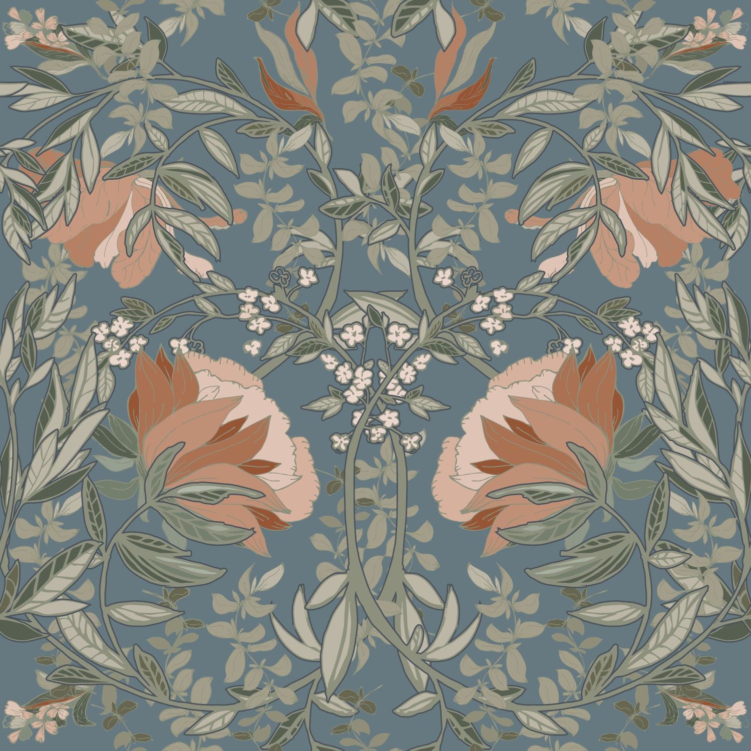 Papier peint fleurs vintage de style art nouveau bleu gris - 53 cm x 10.05 m - ESTAhome - 9
