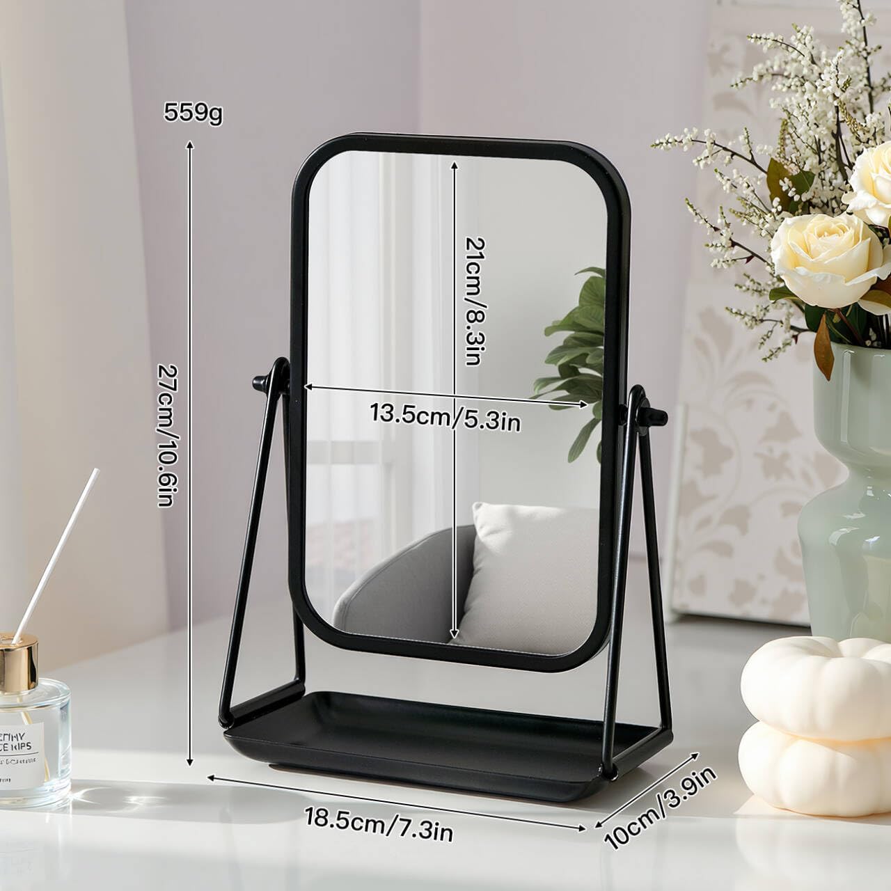 Małe czarne lustro toaletkowe ze schowkiem, prostokątna metalowa rama, obrotowe lustro stołowe 360°, przenośne lustro stołowe