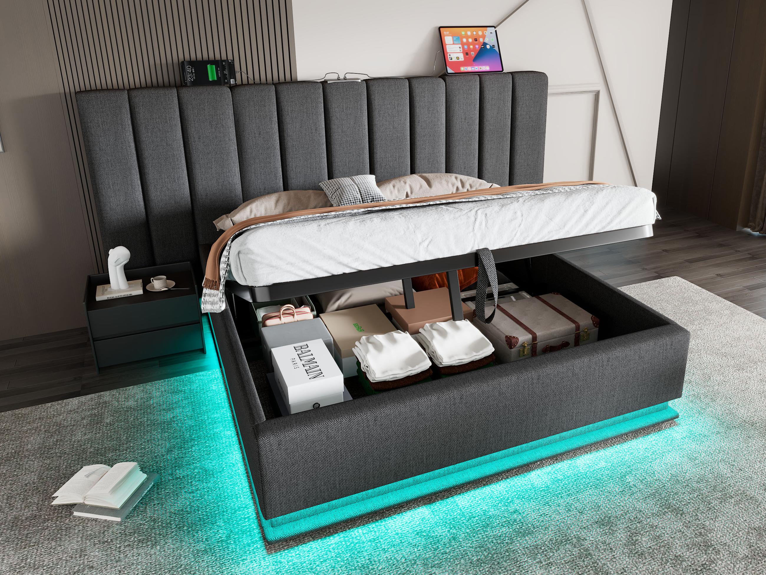 Łóżko z pojemnikiem na pościel 180x200 cm - z diodami LED i obciążeniem - z listwową podstawą - Szare