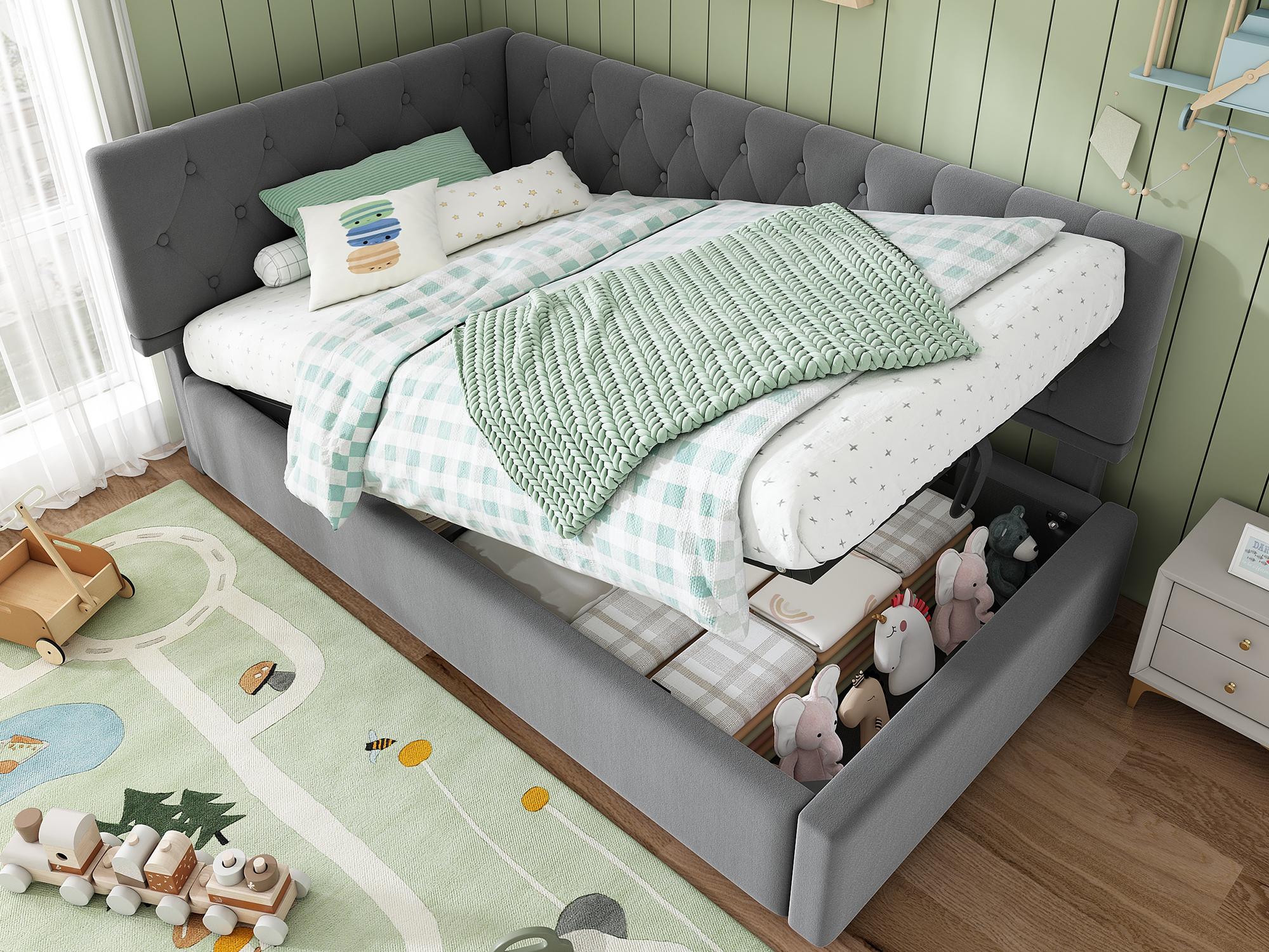 Sofa rozkładana z funkcją spania 90x200 cm - ze schowkiem - tkanina aksamitna - ze stelażem - Szara (bez materaca)