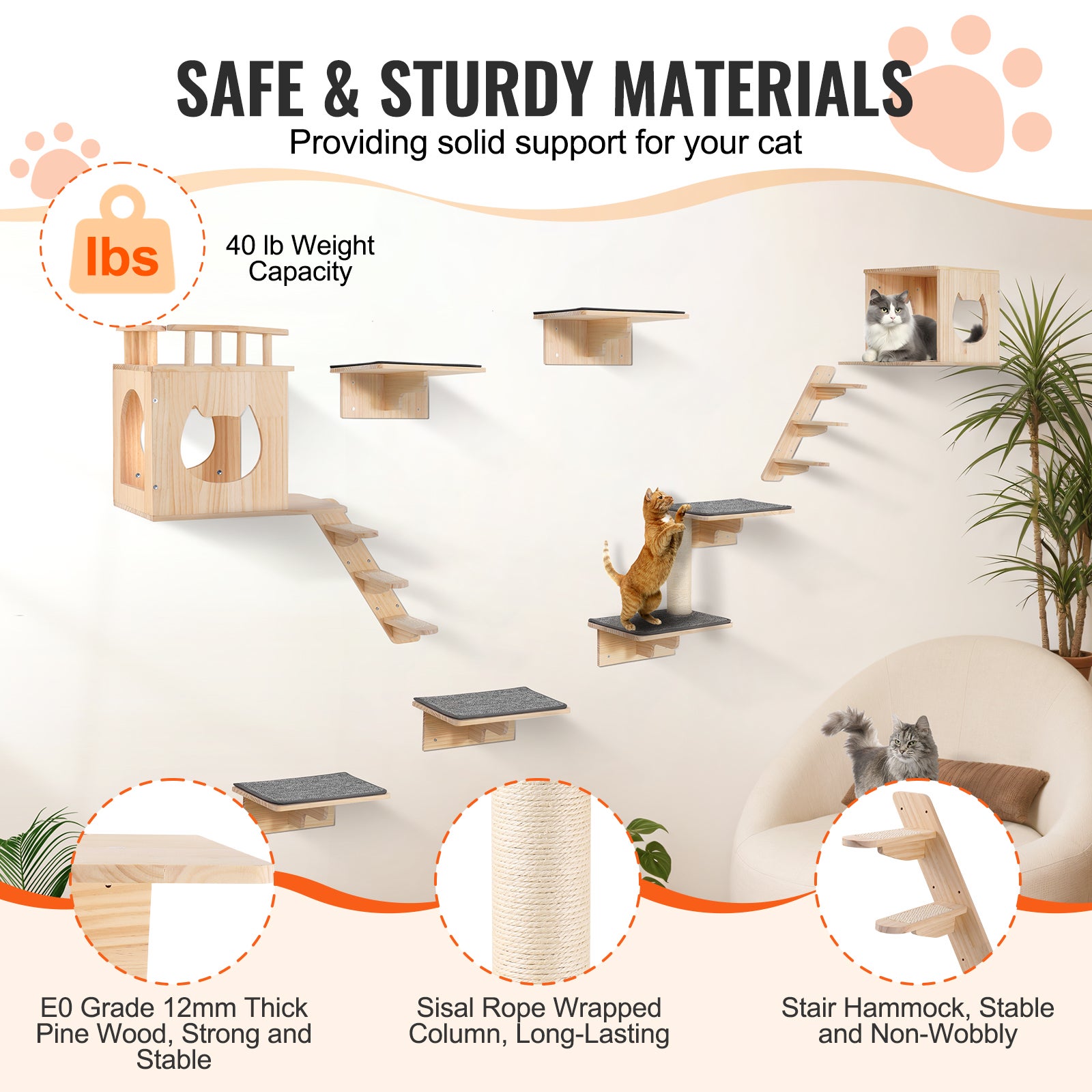 Ensemble d'étagères murales pour chat,SucceBuy perchoirs avec planches saut,lits,hamacs et arbre à grimper,meubles pour chat jusqu'à 40 lb,lot 9 - 5