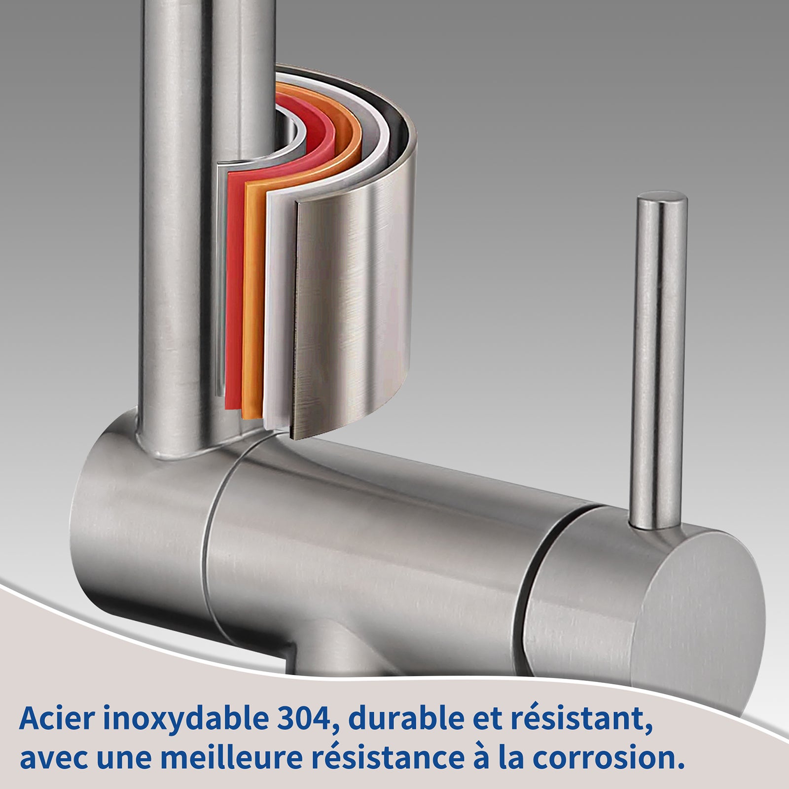 Mitigeur de Cuisine brossé pliable à ressort avec douchette 2 Jets, Robinet Cuisine d'Evier Rabattable Rotatif à 360° en Inox 304 - 3