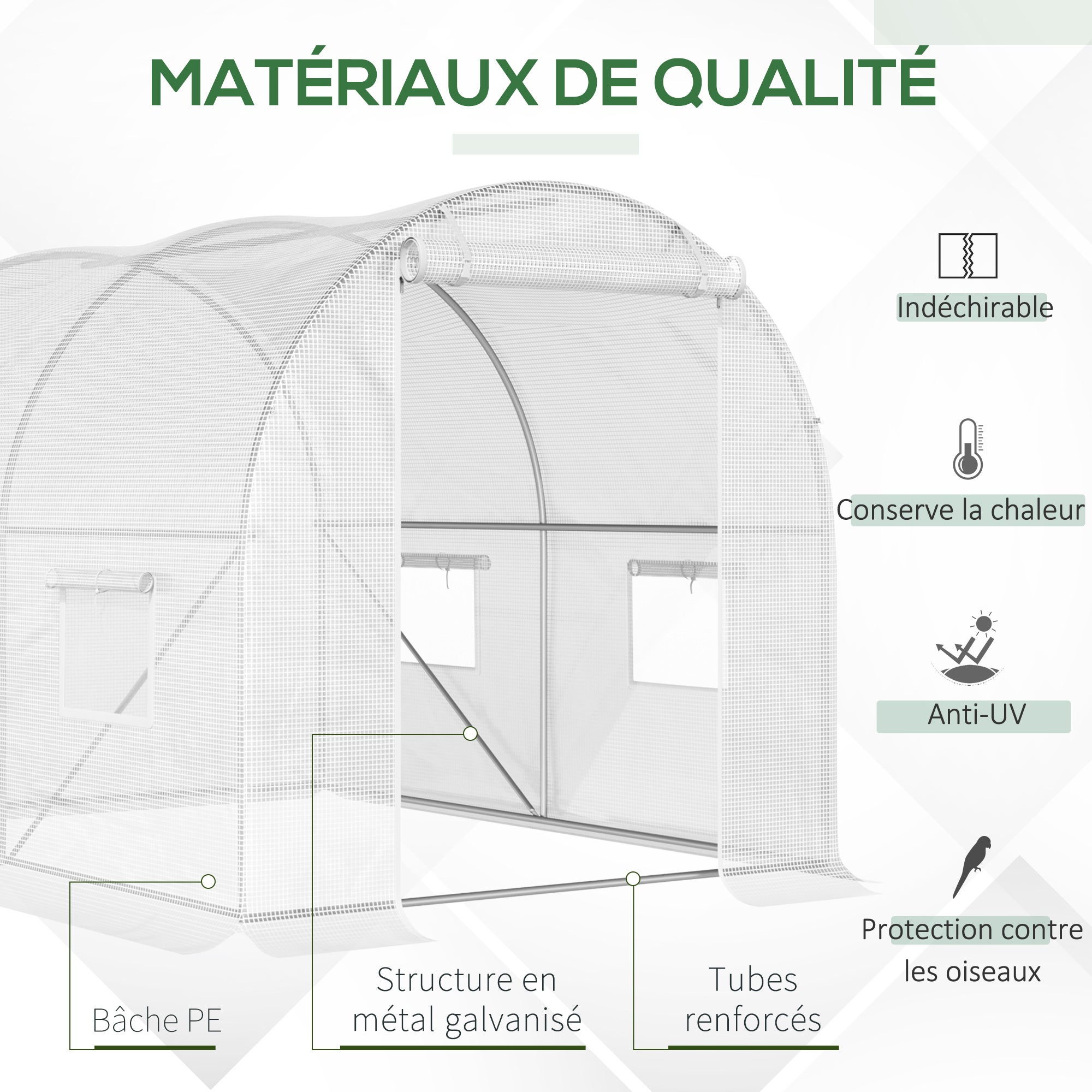 Serre de Jardin Tunnel 6 m² 3L x 2l x 1,9H m Acier galvanisé renforcé diamètre 2,4 cm + PE Haute densité fenêtres Porte Blanc - 6