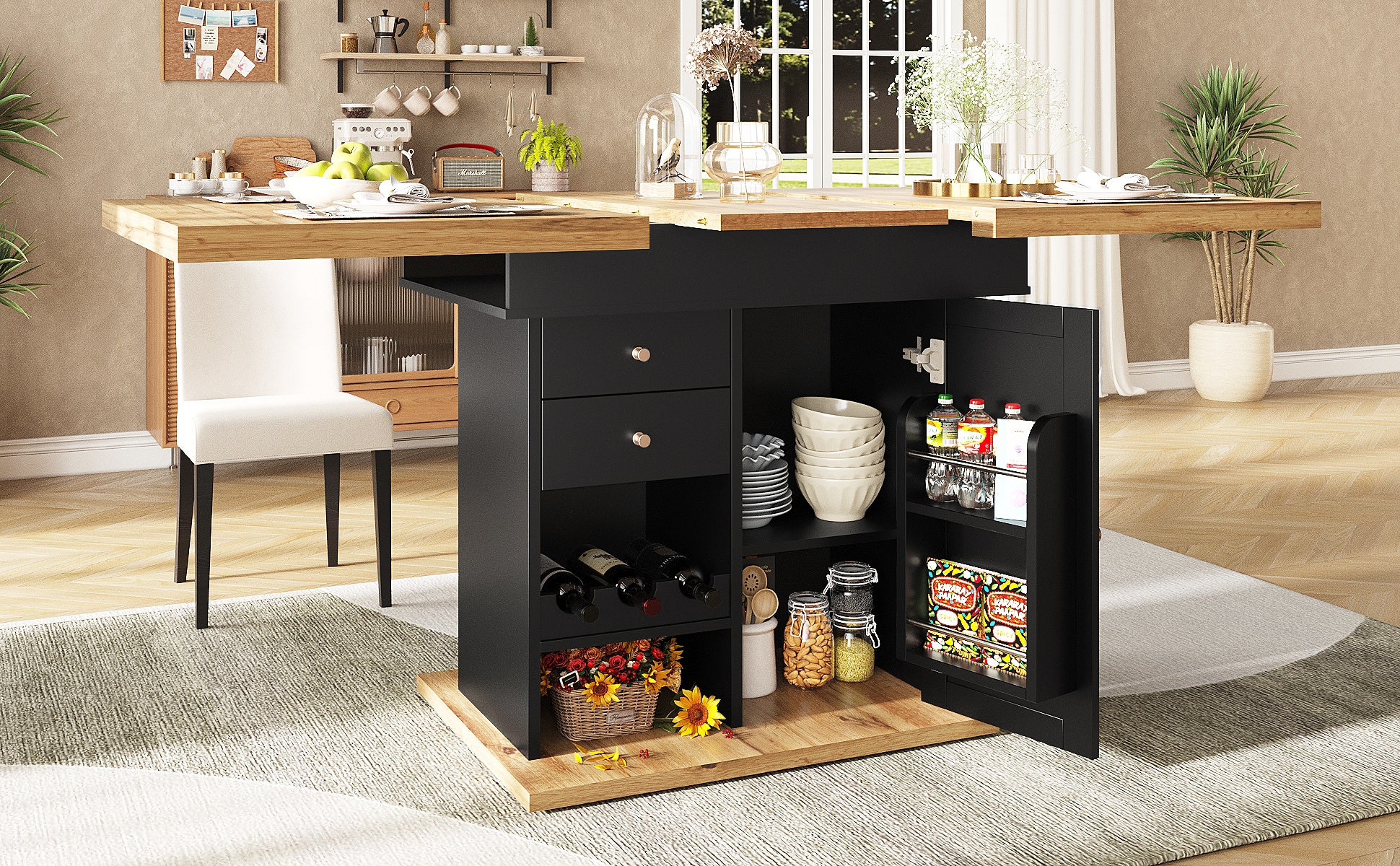 Table à manger extensible 4 à 6 couverts avec 1 tiroir et 2 porte - 110/140 x 80 x 75 cm - MDF - Noir + naturel - 5