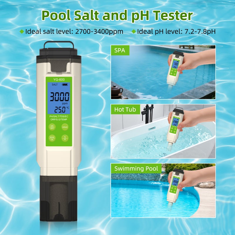 Testeur de sel 7 en 1 pour piscines, mesureur numérique salinité pH ORP, qualité de l'eau (chlorure de sodium) - 4