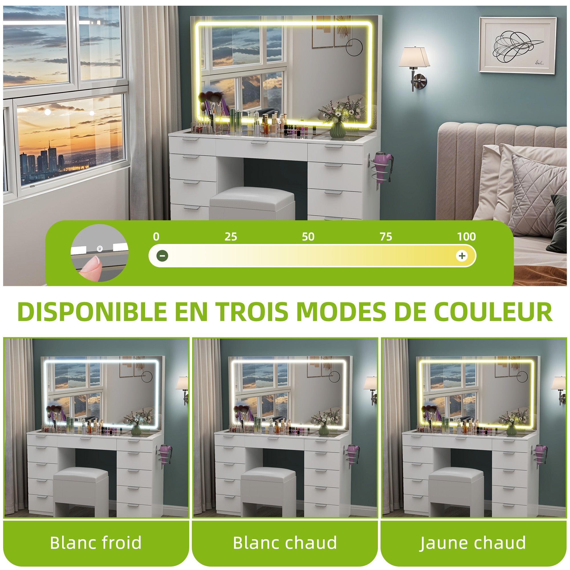 Balconera Coiffeuse avec Miroir LED réglable, Prise EU，11 Tiroirs, 40 x 114 x 134cm, avec Tabouret, Blanc, Style Moderne - 3