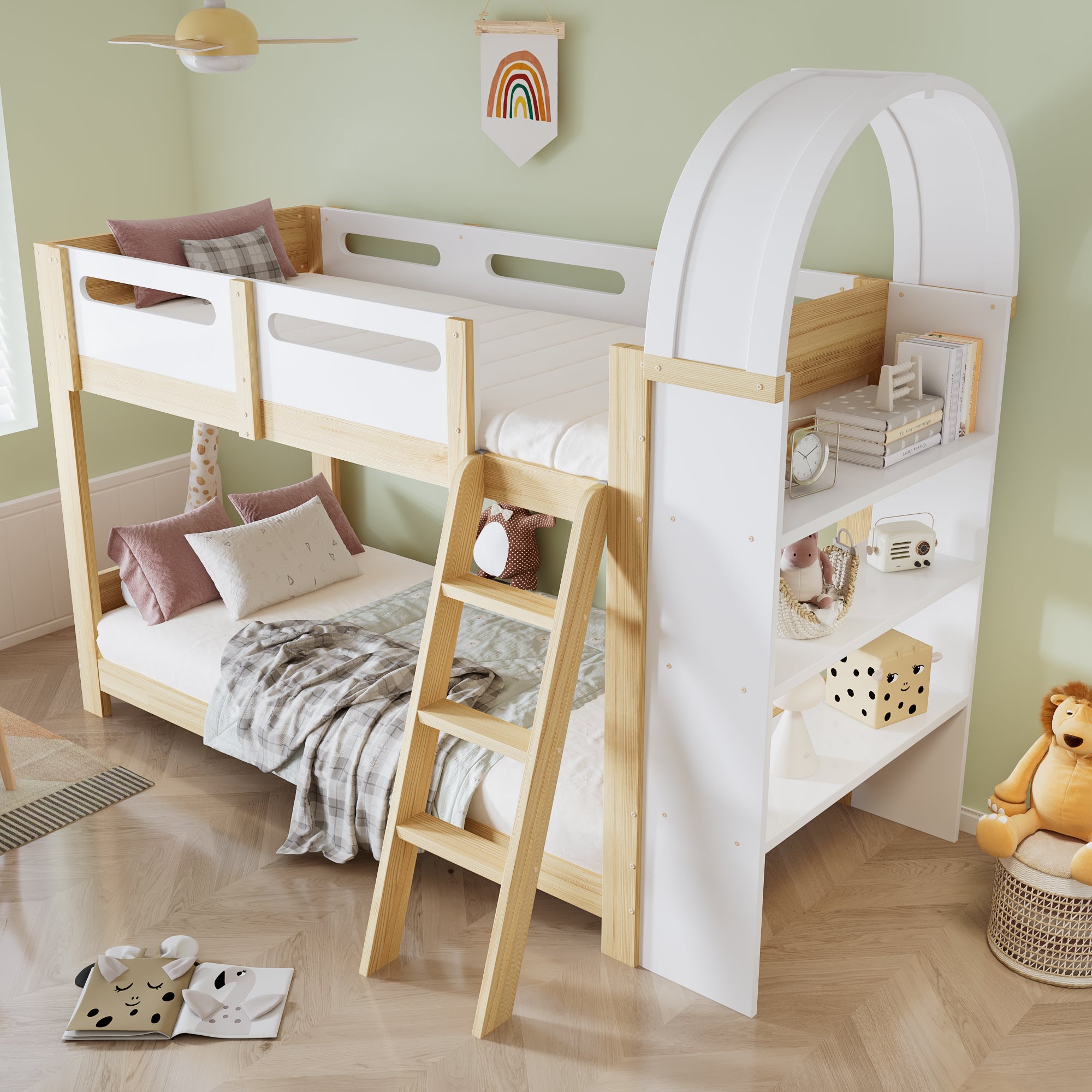 Łóżka piętrowe 2 x 90 x 200 cm z 3-poziomową półką - Sosna + MDF + sklejka - Białe + naturalne (Materace nie są wliczone w cenę) - 3