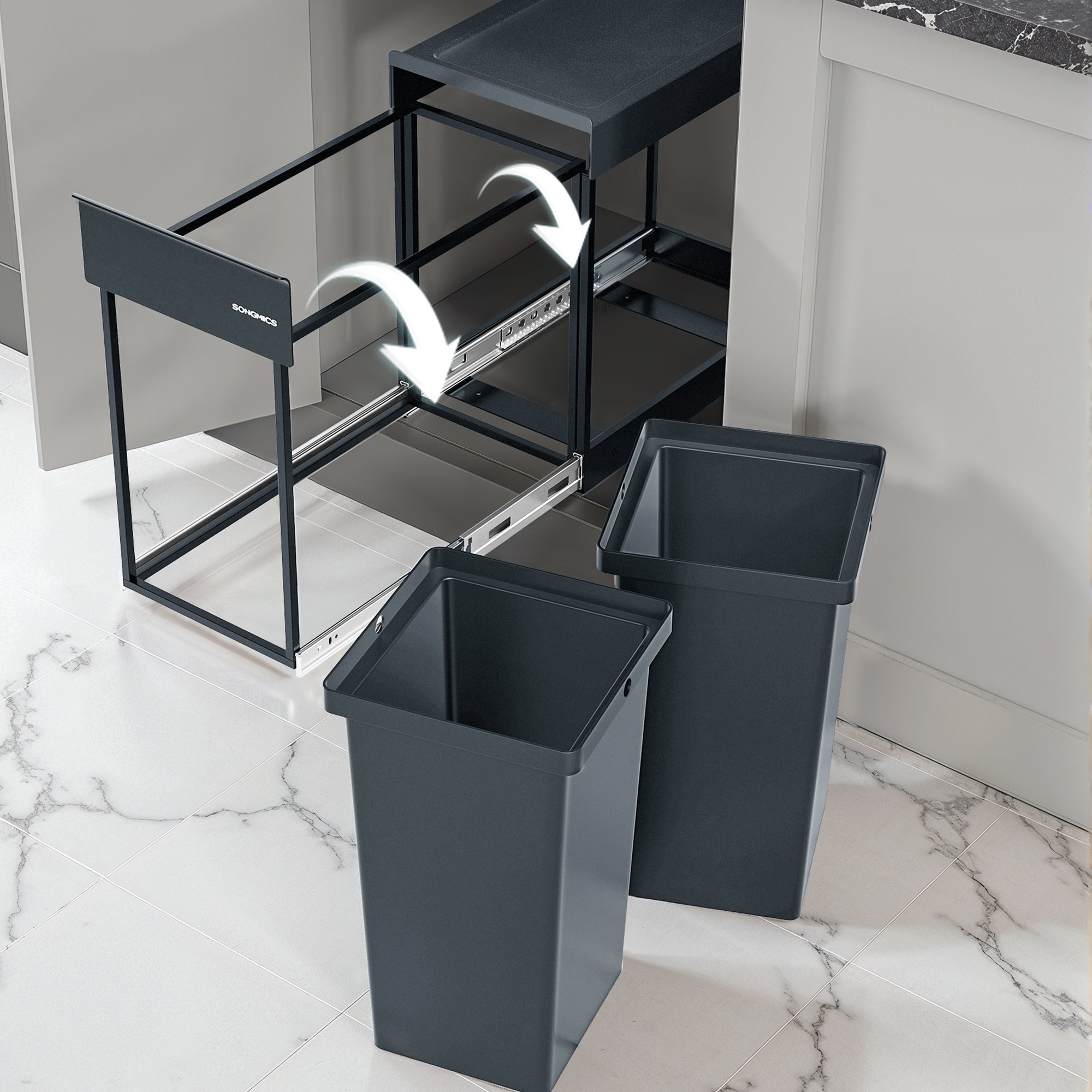 SONGMICS Poubelle de Cuisine Extractible, 2 x 15 L, en Acier, Couvercle en Plastique ABS, Gris - 6