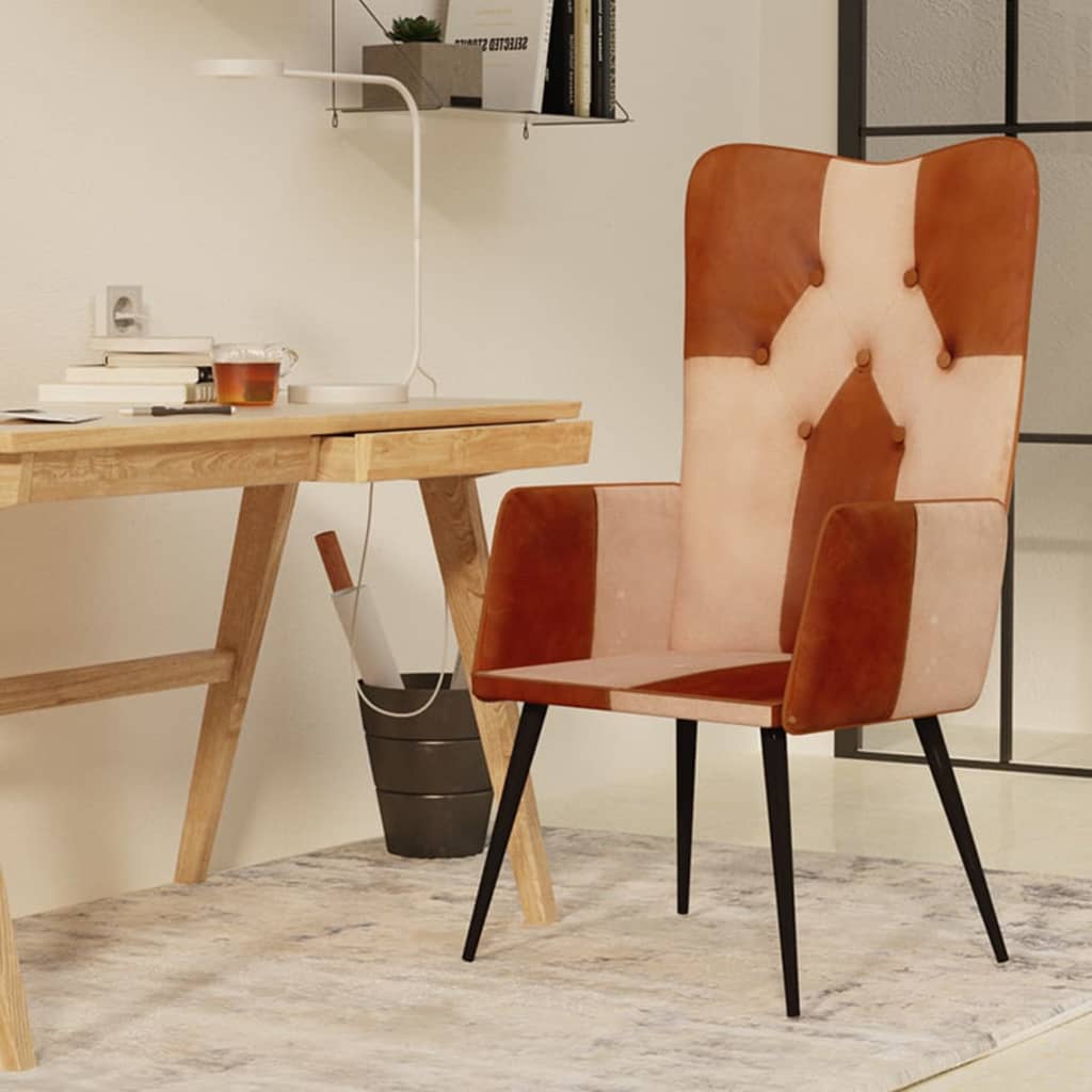 Sillón de salón | silla | sillón orejero cuero auténtico marrón y crema cfw151728