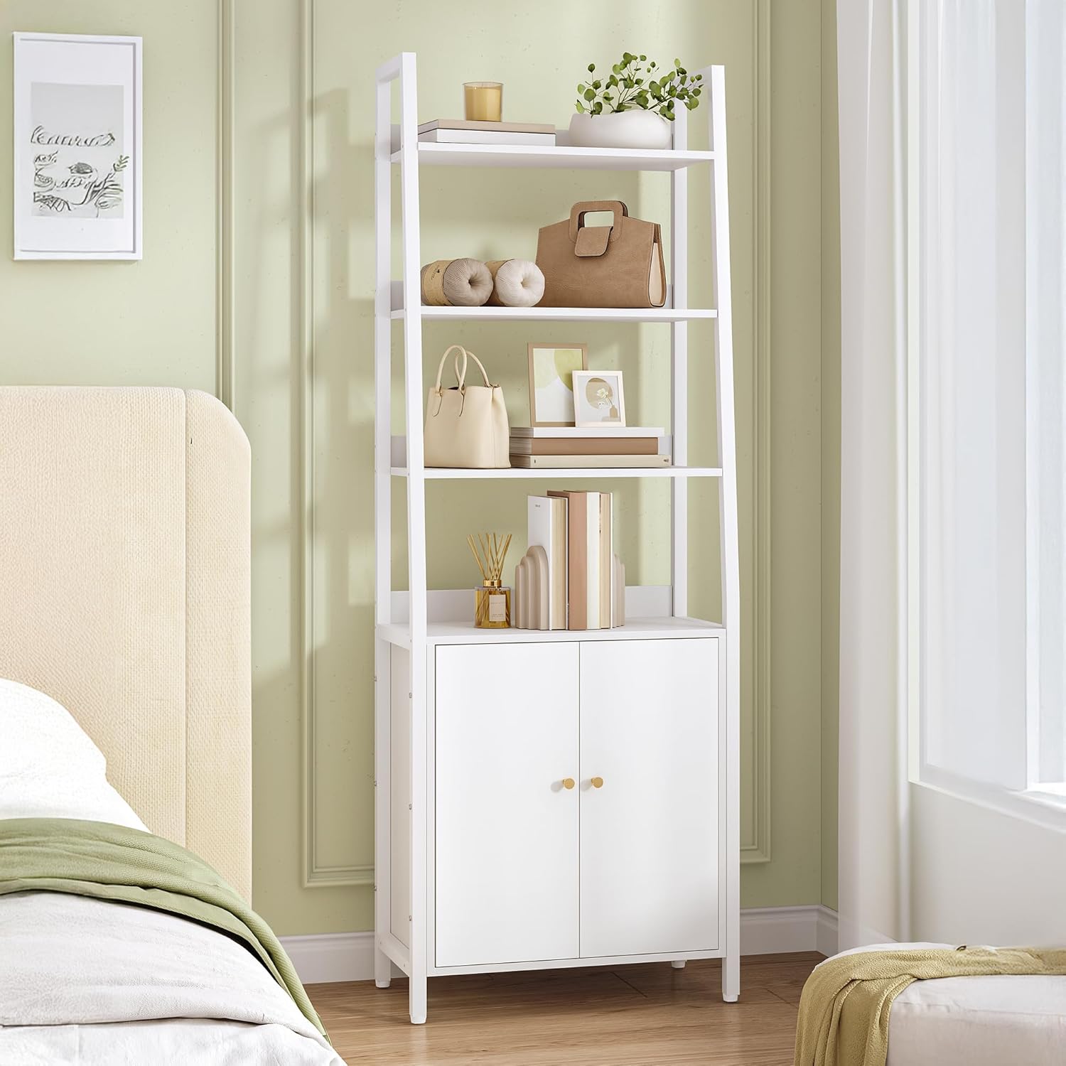Libreria Scaffale a 6 Ripiani con Ante, Libreria Verticale a Scaletta, Librerias con 4 Ripiani Aperti,Struttura in Acciaio,Ripiani Regolabili,Bianco - 5