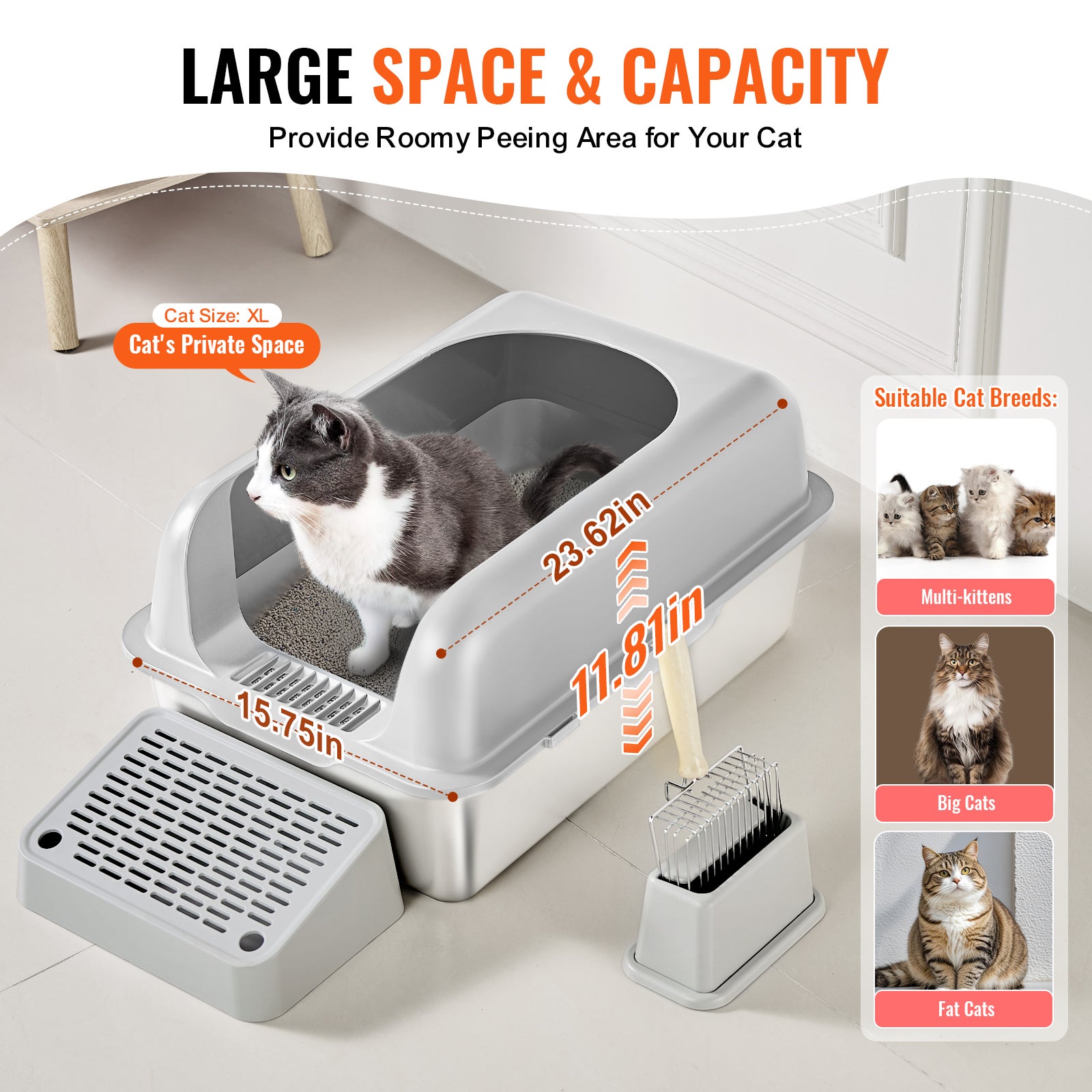 Boîte à air pour chat,VEVOR profondeur 152,4 mm,en acier inoxydable,avec détergent,filtre,hauteur horizontale,sans odeur,facile à neter - 5