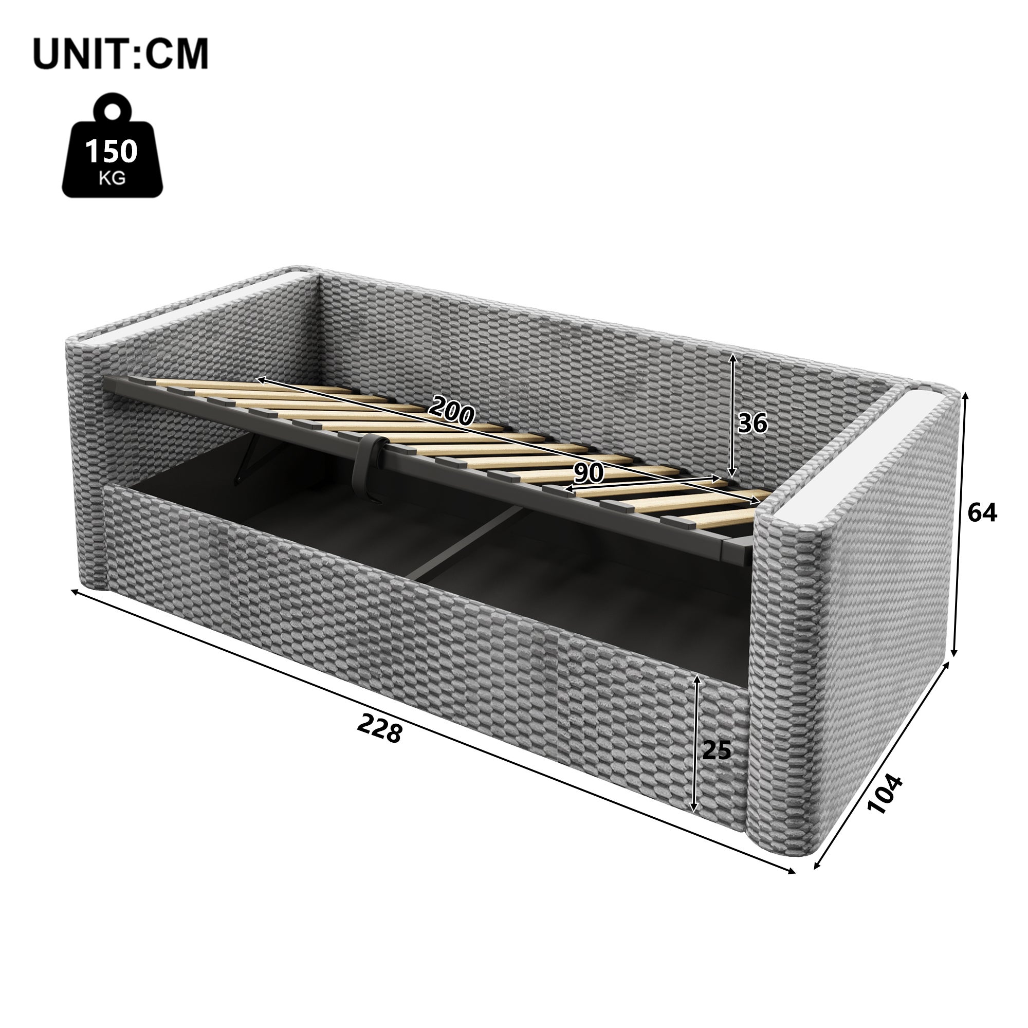 Rozkładana sofa z pojemnikiem 90x200 cm - z oświetleniem LED - stelaż lamelowy - welur - szary (materac nie jest wliczony w cenę) - 5