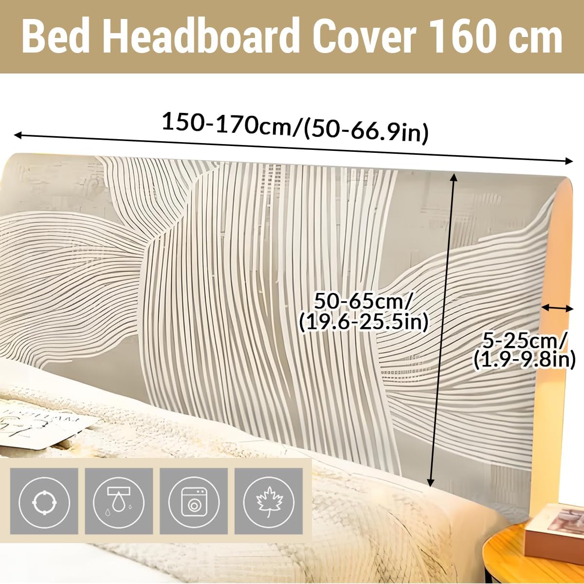 Copritestata Letto Matrimoniale Elastico In Velluto - Con Tasche, Beige, Per Testiere Da 150/180/200 Cm - Rivestimento Protettivo