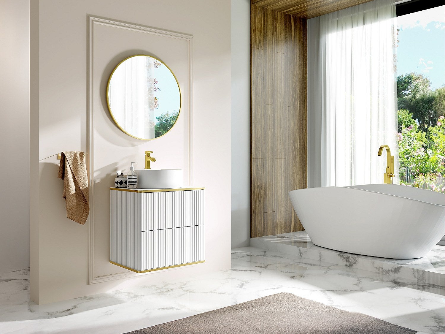 Podwieszana szafka łazienkowa prążkowana ze złotym wykończeniem z okrągłą umywalką nablatową - Biała - Szer. 60 cm - KELIZA