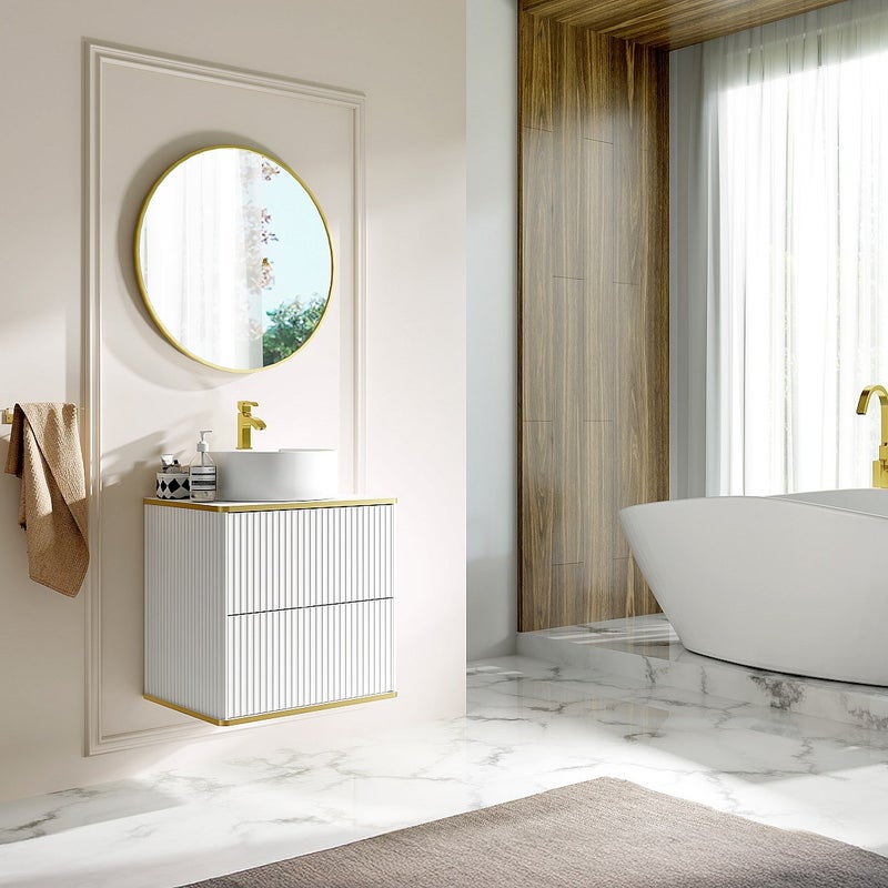 Podwieszana szafka łazienkowa prążkowana ze złotym wykończeniem z okrągłą umywalką nablatową - Biała - Szer. 60 cm - KELIZA