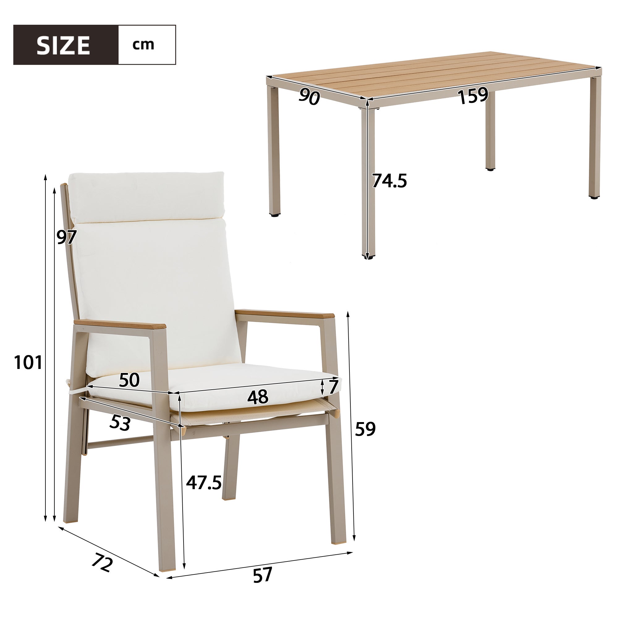 Conjunto de muebles de jardín para 6 personas con mesa de comedor rectangular y 6 sillas - 159 x 90 x 74,5 cm - Acero galvanizado y poliéster - Beige - 5
