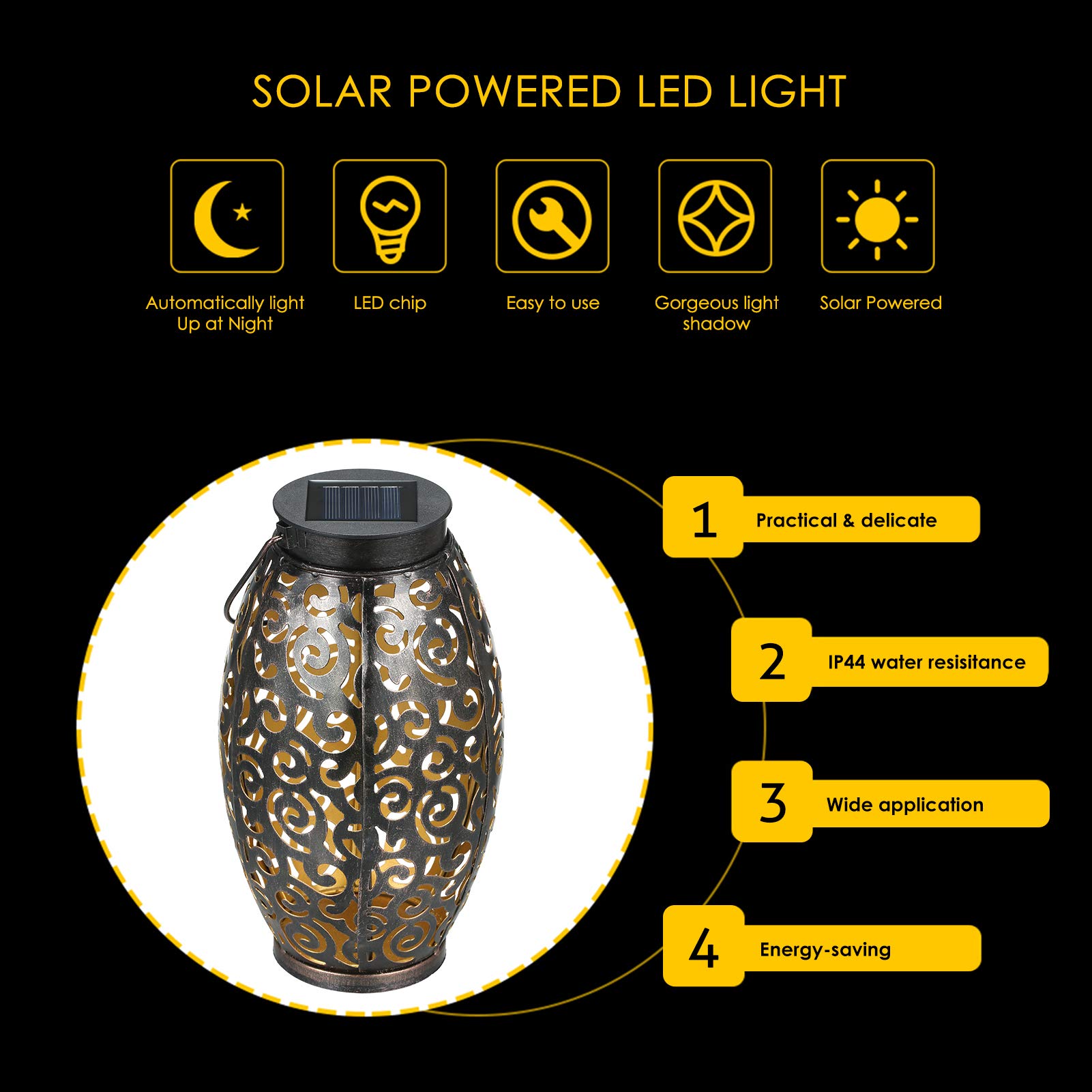 Pacote com 2 Lanternas Solares Externas, Luminárias Pendentes Solares LED, IP65 à Prova D'água, Ideal para Jardim, Pátio, Gramado e Mesa, 3000K(Preta) - 2
