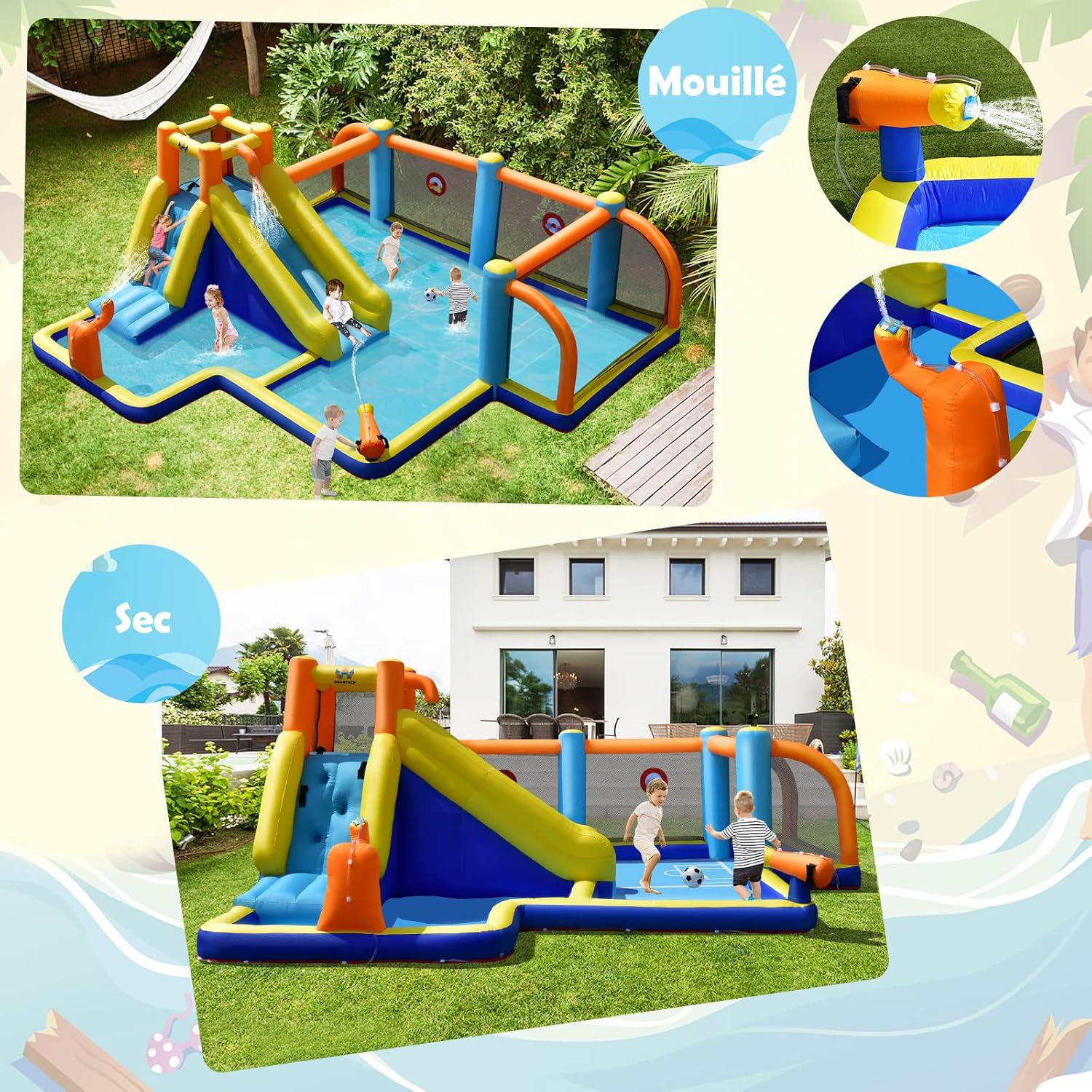 Castelo Inflável com Soprador 680W, Escorrega Aquático, Parede de Escalada, Piscina, Campo de Futebol Jogo de Dardos para Crianças 3-12 Anos - 5