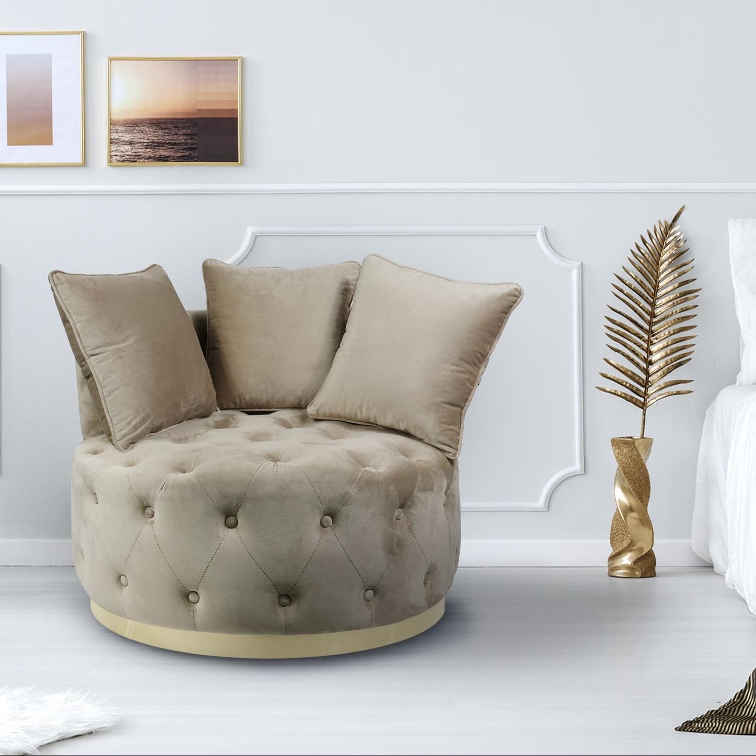 Fauteuil rond capitonné Timeo Velours Taupe | Leroy Merlin
