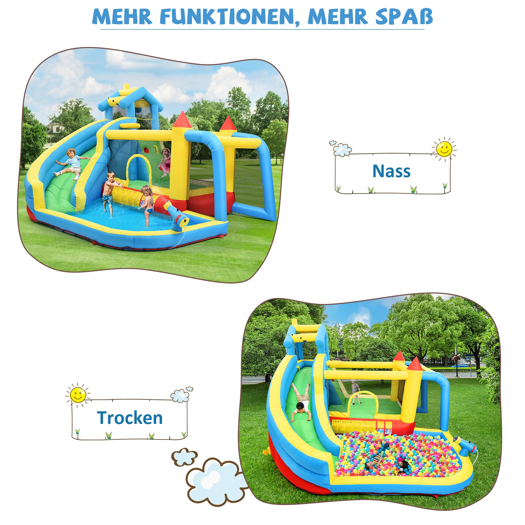 Aire de jeux 5 en 1 avec toboggan, zone de saut, piscine d'eau, filet de football - 364 x 315 x 239 - Tissu Oxford - Bleu - 4