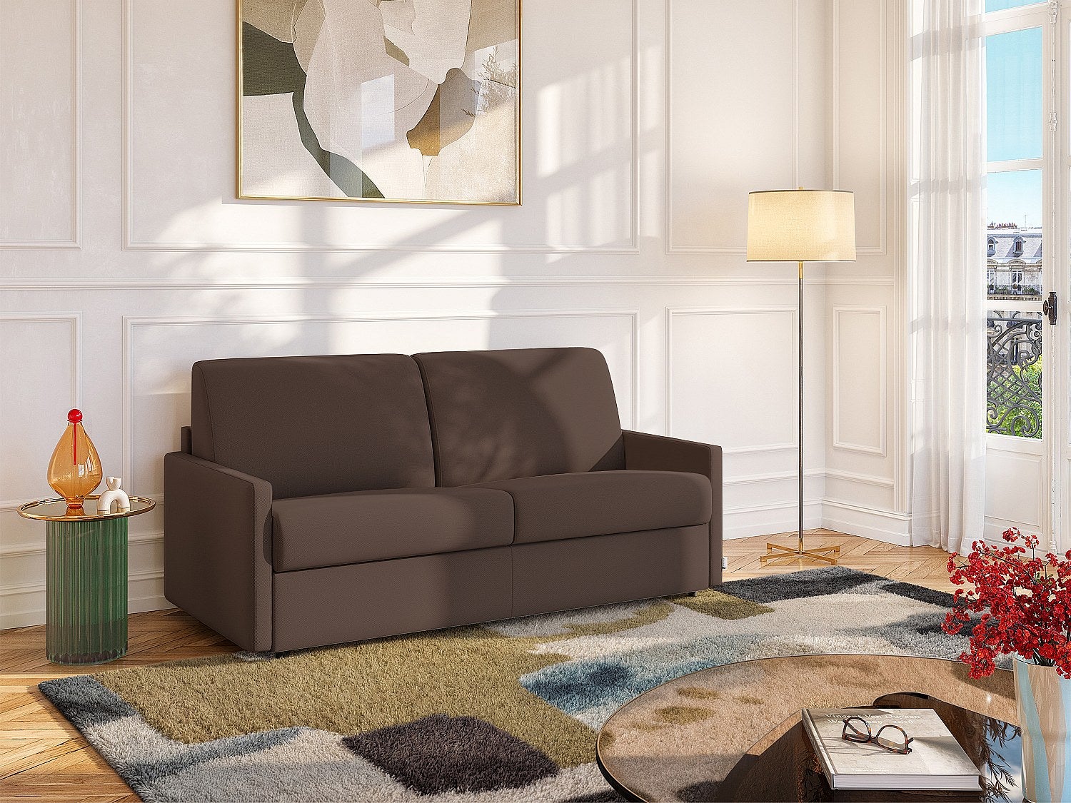 Kanapa 2-osobowa z ekspresowym mechanizmem rozkładania z tkaniny CALIFE - Kolor: brązowy - Miejsce do spania: 120 cm - Materac 18 cm