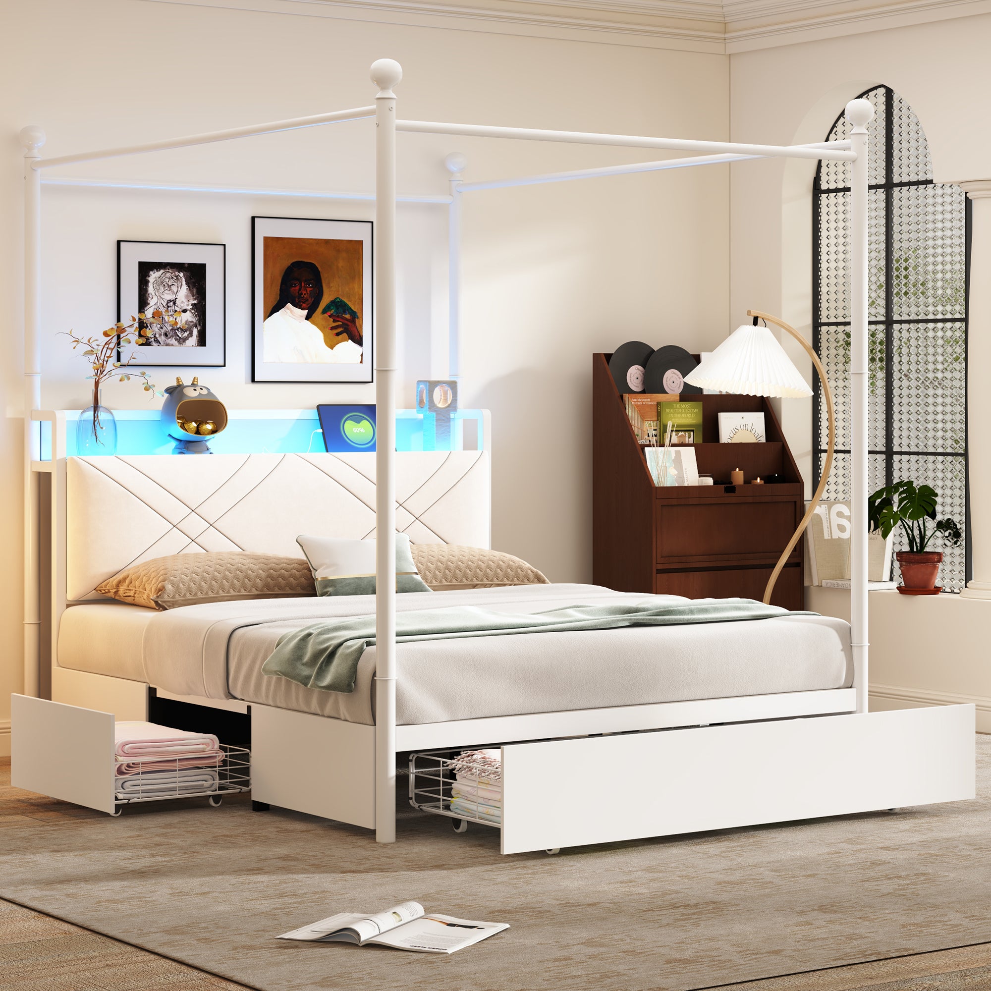 Łóżko z baldachimem 140 x 190 cm z oświetleniem LED, portami USB/Type-C i 3 szufladami - Metal, MDF i sklejka - Białe (materac nie jest dołączony)