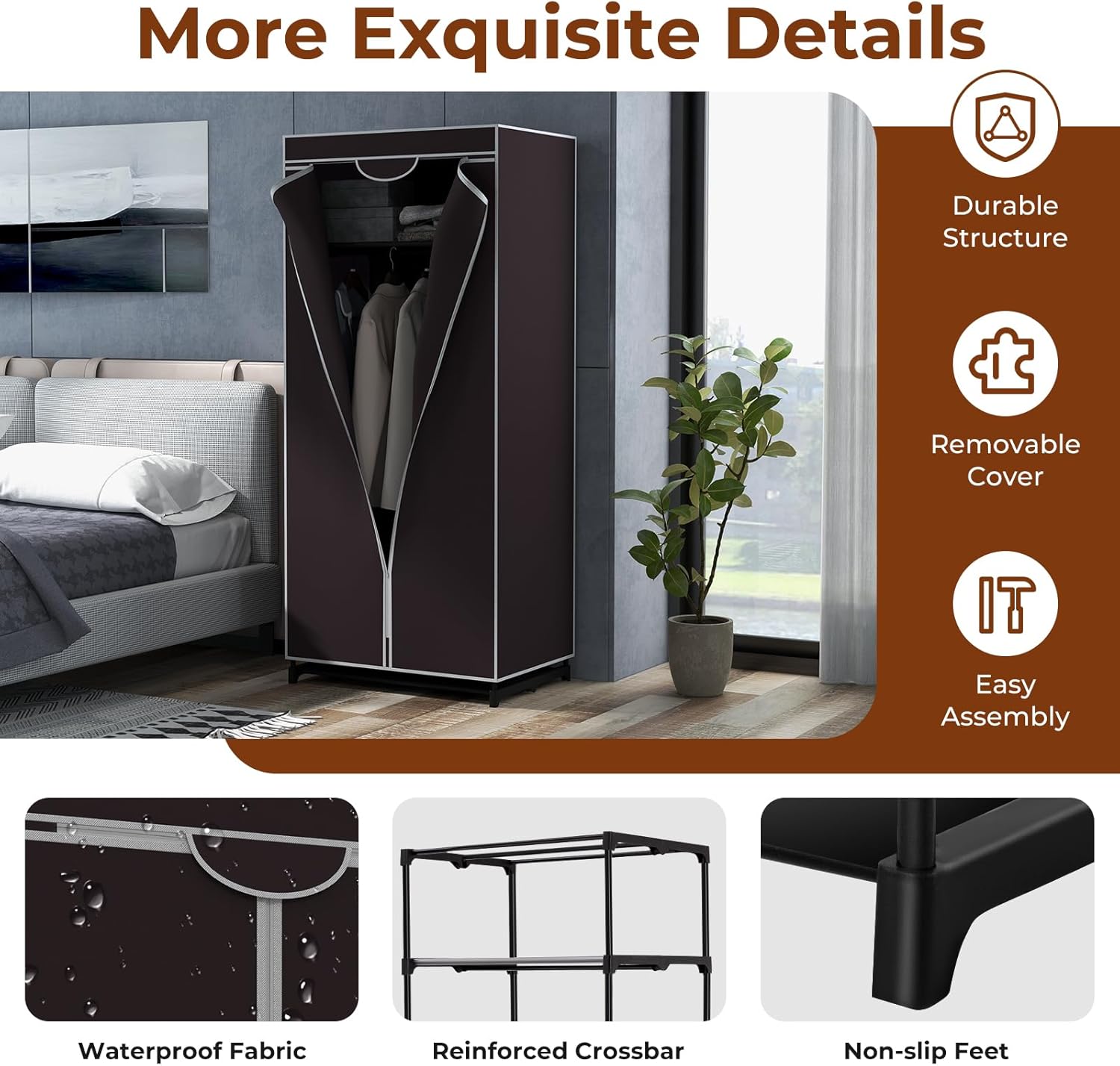 Pendrie en Tissu avec Housse- 74 x 50 x 172CM- 3 Parties d'espace de Stockage-Armoire de Vêtements Imperméable，Café - 5