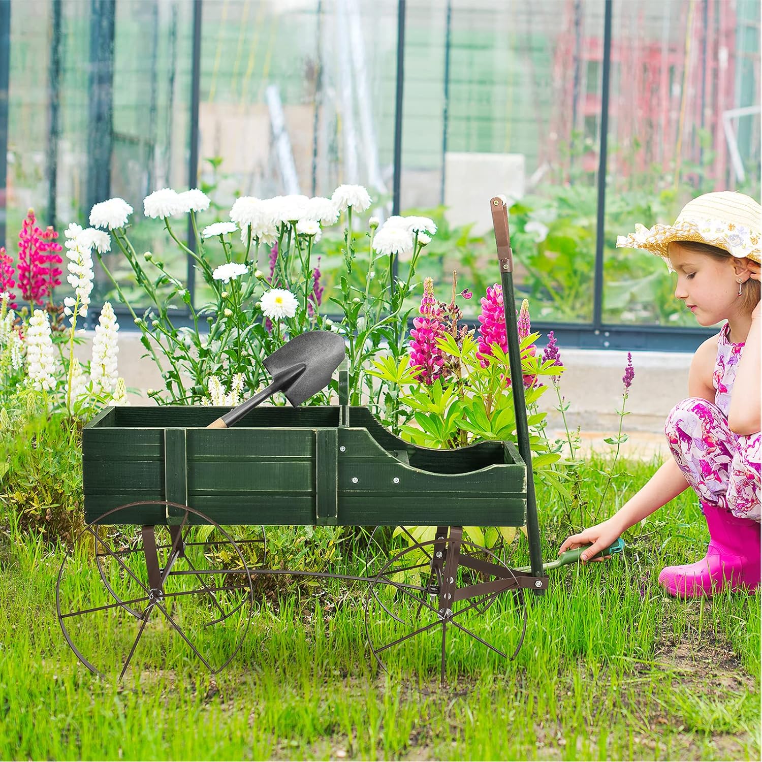 Brouette décorative en bois avec 2 compartiments à planter roues poignée charge 15kg vert - 2