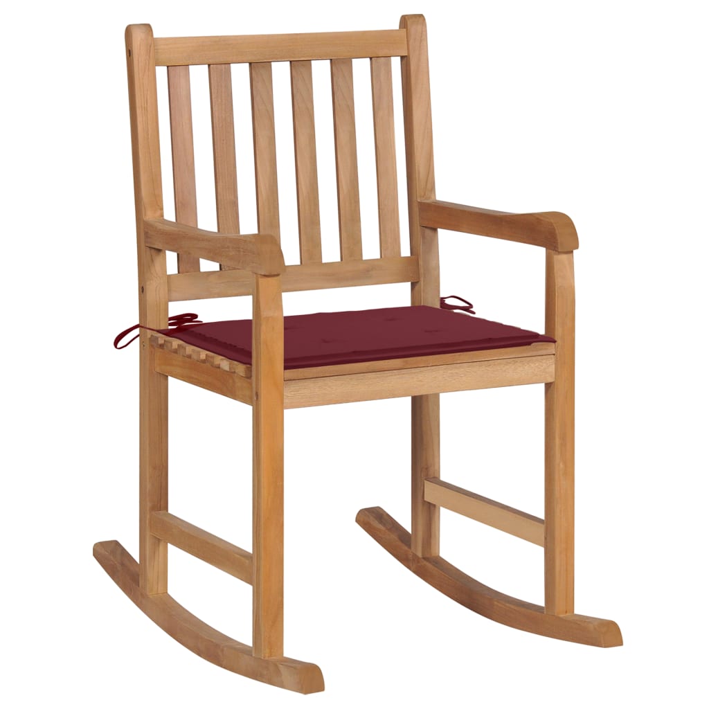Maison exclusive - silla mecedora de madera maciza de teca con cojín rojo tinto
