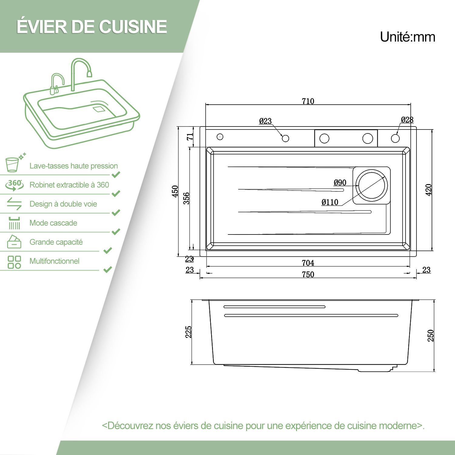 SIRHONA Évier Inox Encastré 1 Bac avec Escamotable + Cascade Robinet 75x45cm - 4