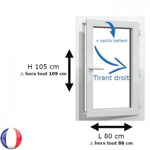 Fenêtre PVC 1 vantail H 105 x L 80 cm OB pour pose en neuf avec poignée - tirant droit
