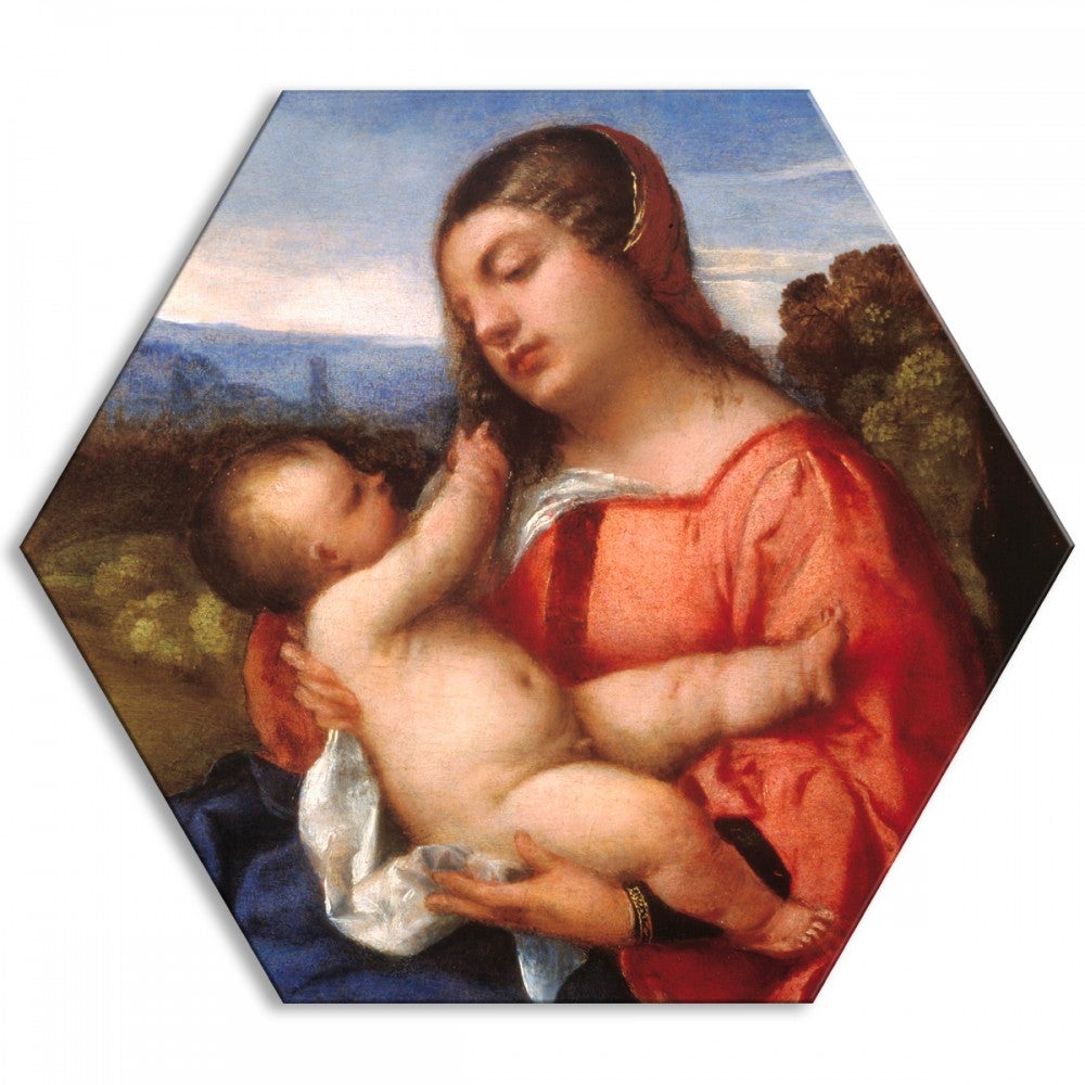 TIZIANO - Madonna z Dzieciątkiem - Płótno sześciokątne - Obraz wydrukowany na płótnie i oprawiony w ramę PCV 80x80 cm