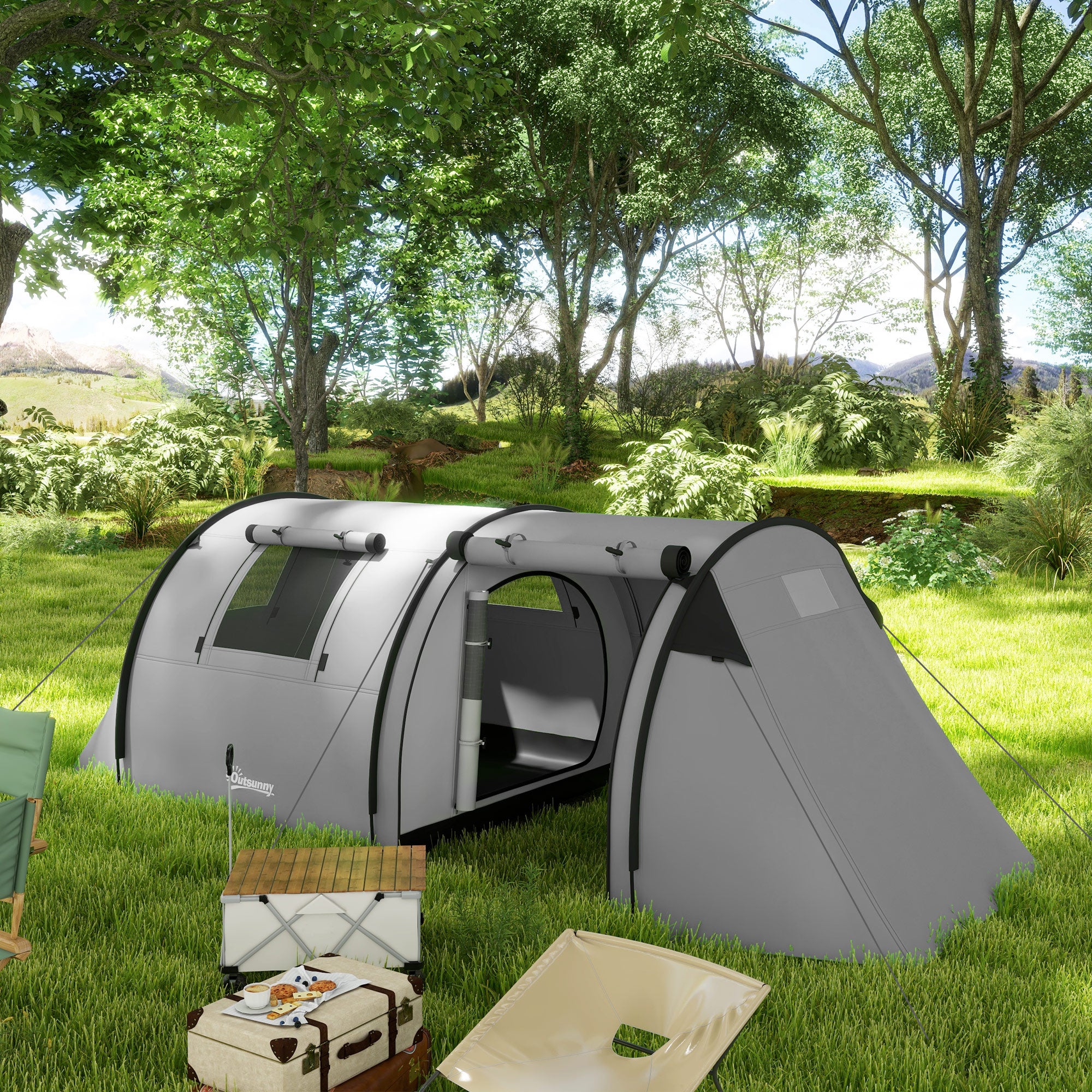 Tente de camping 3-4 pers. étanchéité 3000 mm chambre salon sac gris - 2
