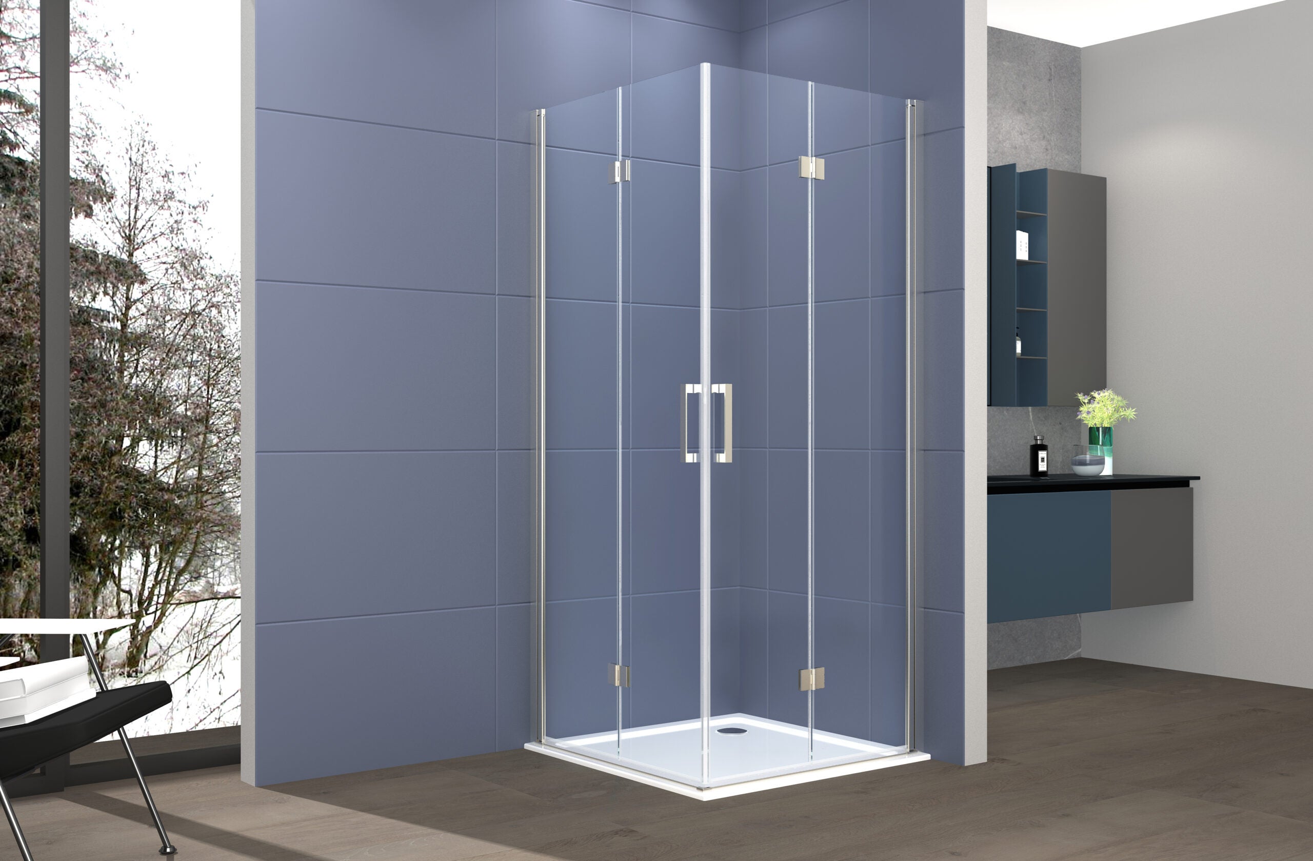 Mampara de ducha de esquina 80x90 cm con dos puertas plegables, h200 cm, cristal transparente de 6 mm, perfil satinado elio