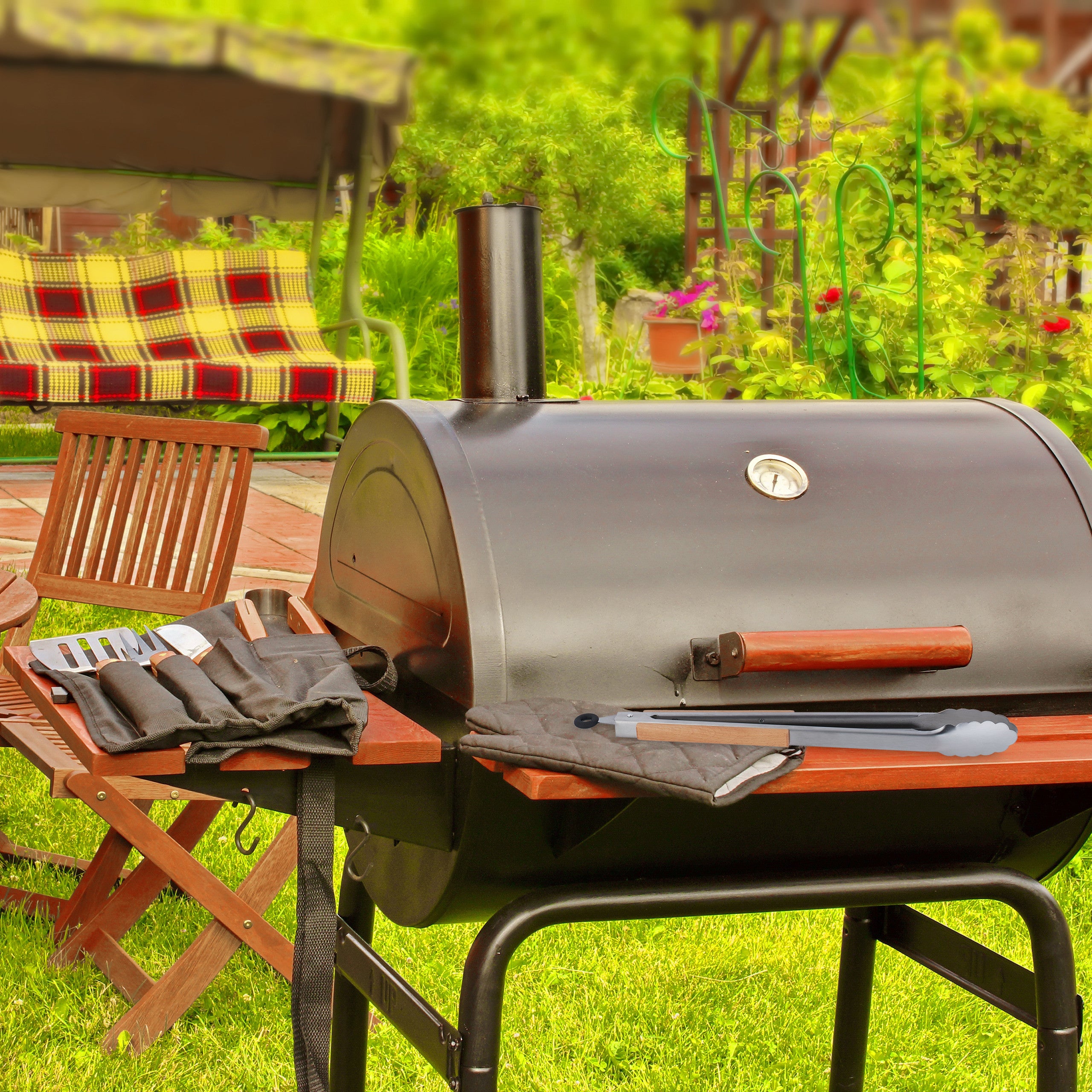 Pince de barbecue, lot de 6, long ustensile pour le grill, 38 cm, poignée en bois, acier inoxydable, argent/nature - 2