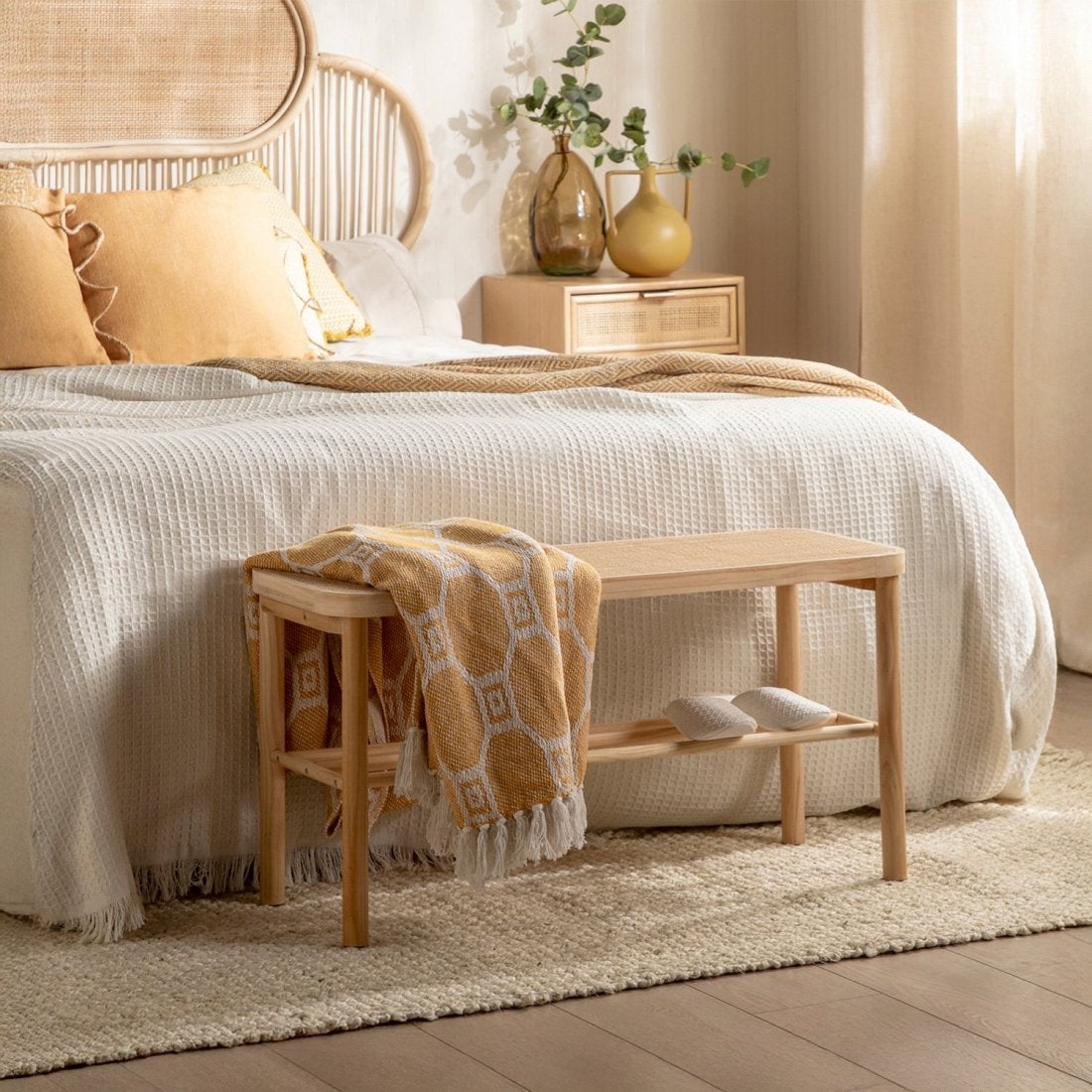 Banc en bois de pin et rotin naturel Loan - 2