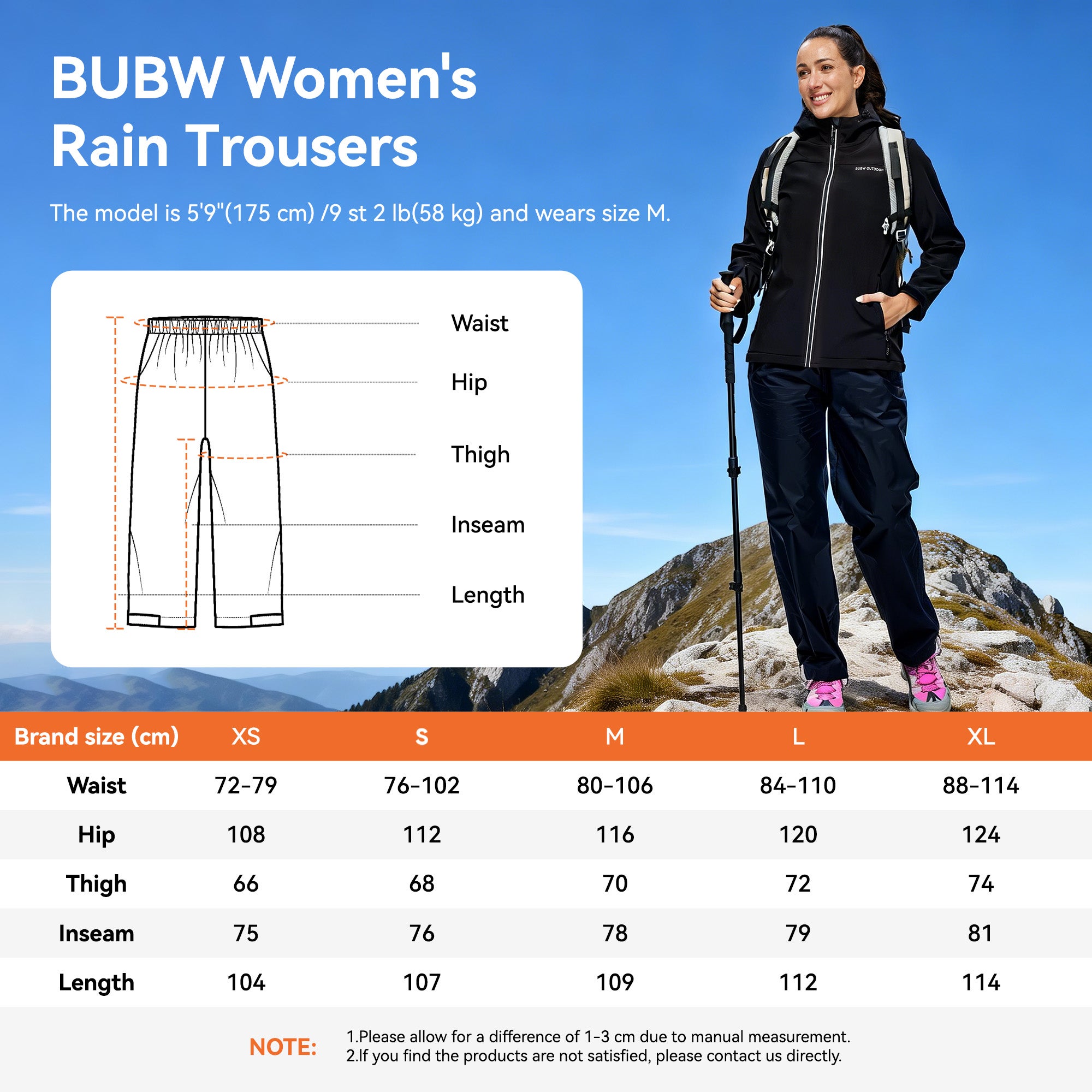 Pantalon de Travail/Pluie Taille 38 Imperméable et Pliable Femme - Léger, Respirant et Coupe-vent, avec Sac de Rangement - Noir M - 9