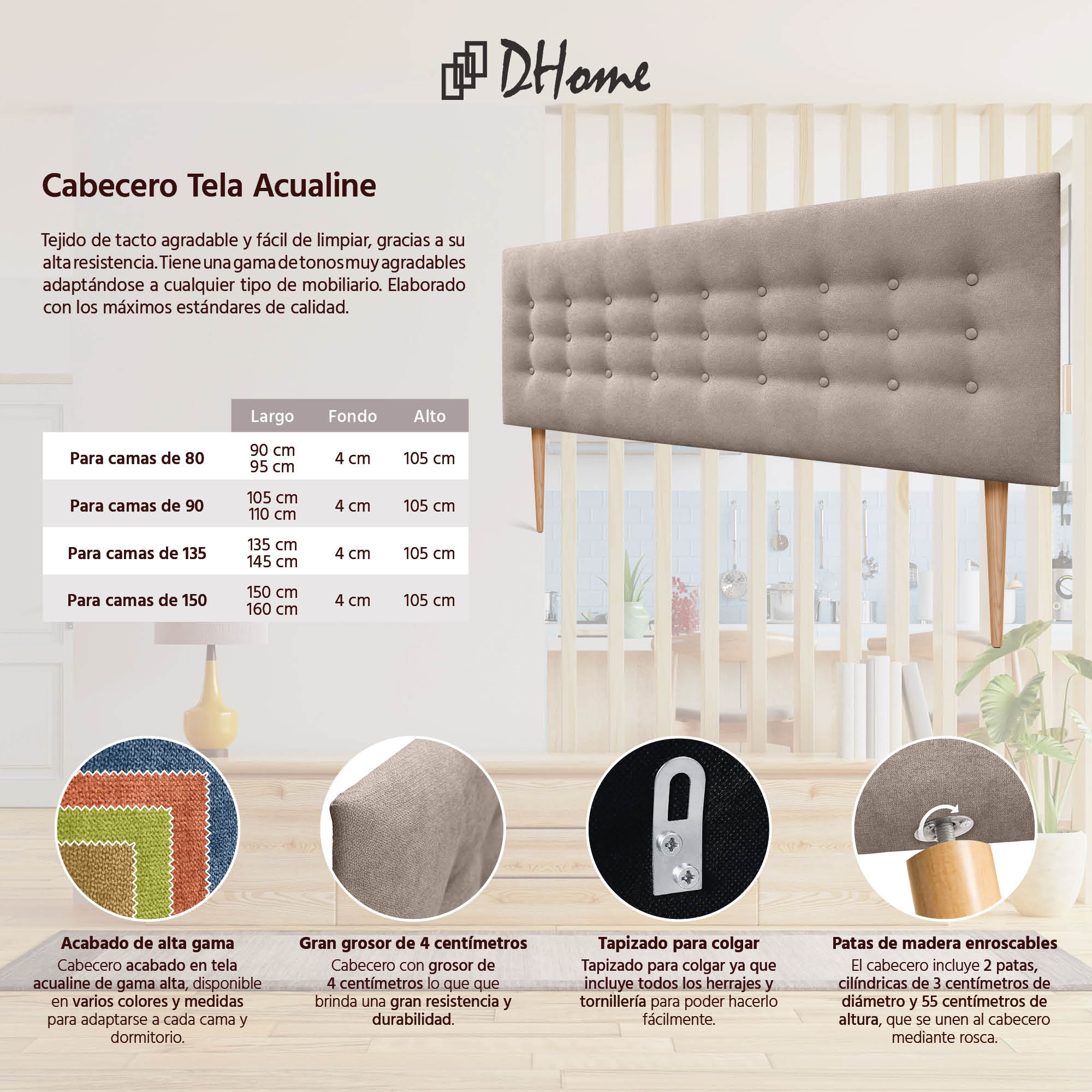 DHOME Testiera in Velluto Liscio con Gambe Camera da letto Imbottita con Testiera Imbottita Moderna di Fascia Alta (Rosa, 135x115cm) | Leroy Merlin